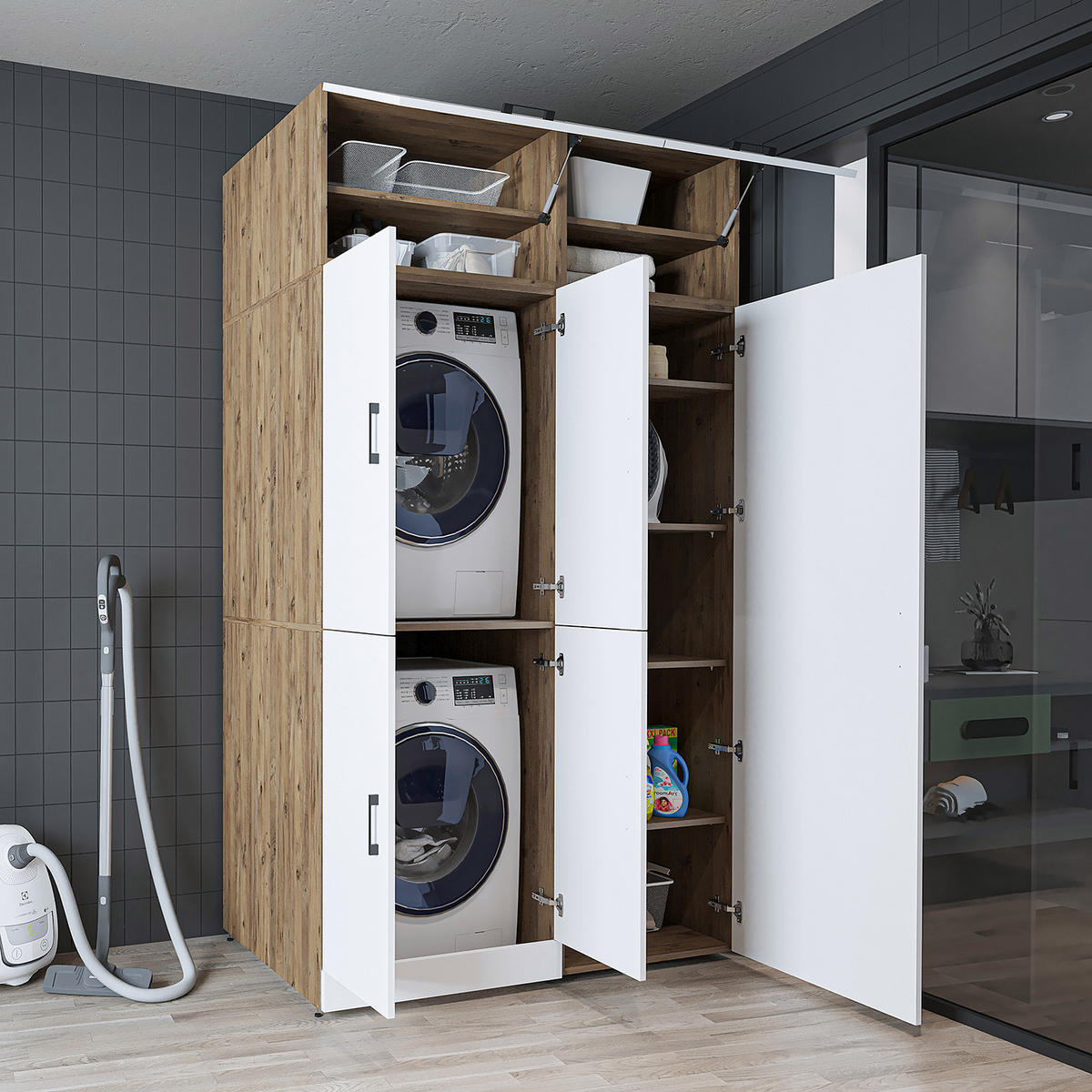 WASCHMASCHINENSCHRANK DORA-II 130cm Breit, 230cm Hoch - Eiche Bianco, Holzwerkstoff (130/230/73.8cm)
