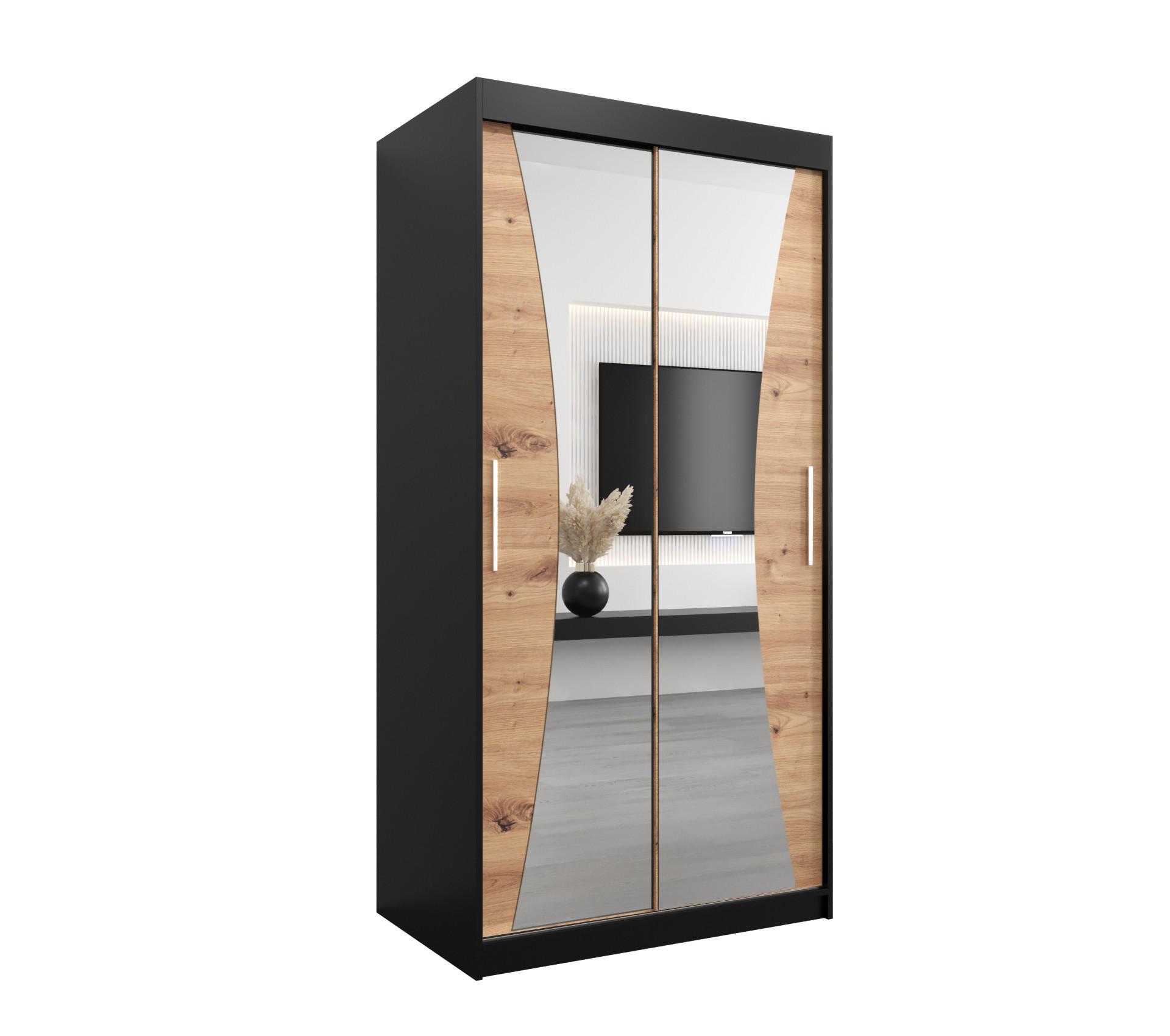 Abiks Möbel Schwebetürenschrank Schwarz, Eiche Artisan 100x200x62 cm