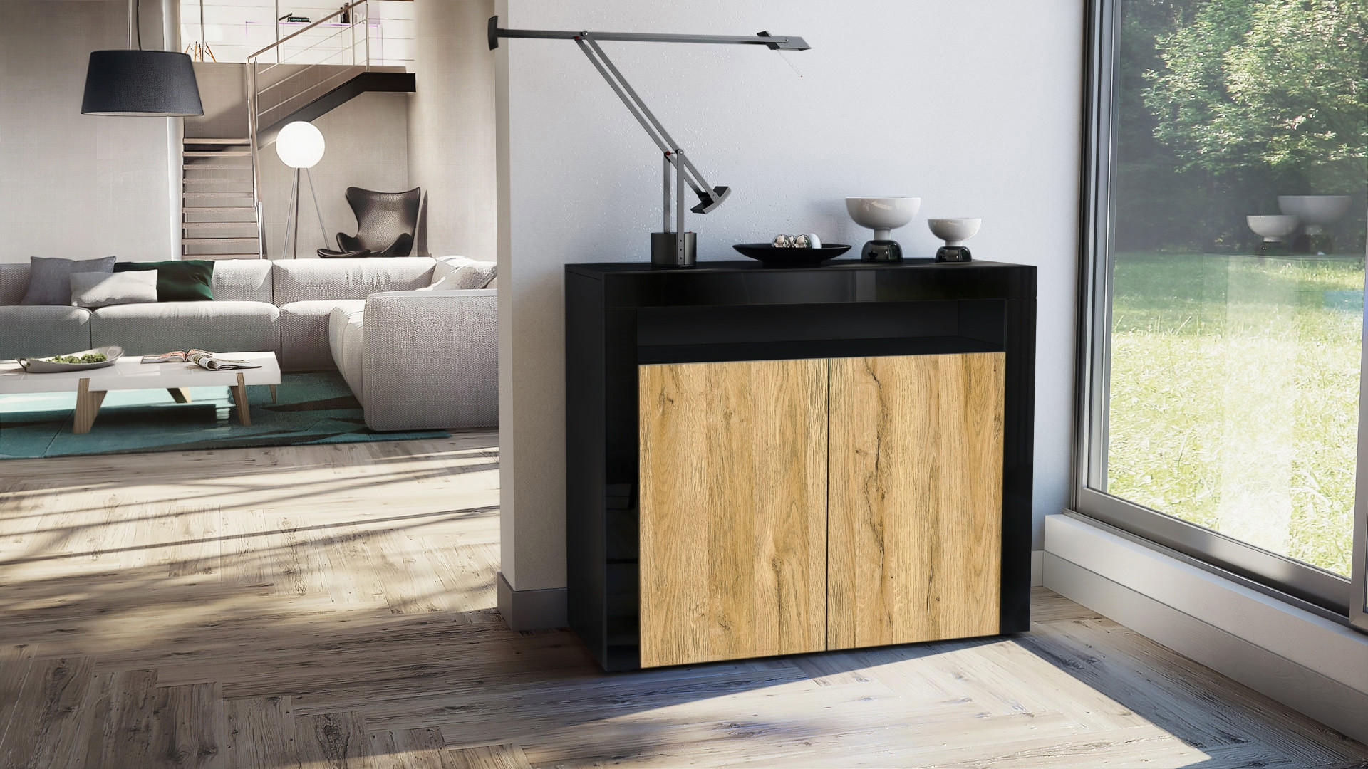 KOMMODE Valencia Eiche Natur/ Schwarz Hochglanz - Eichefarben, Holzwerkstoff (108/92/40cm) - Vladon