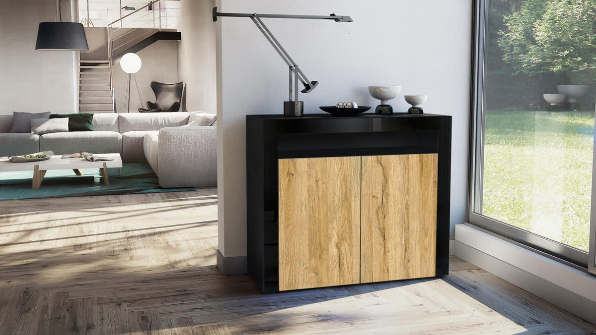 KOMMODE Valencia Eiche Natur/ Schwarz Hochglanz - Eichefarben, Holzwerkstoff (108/92/40cm) - Vladon
