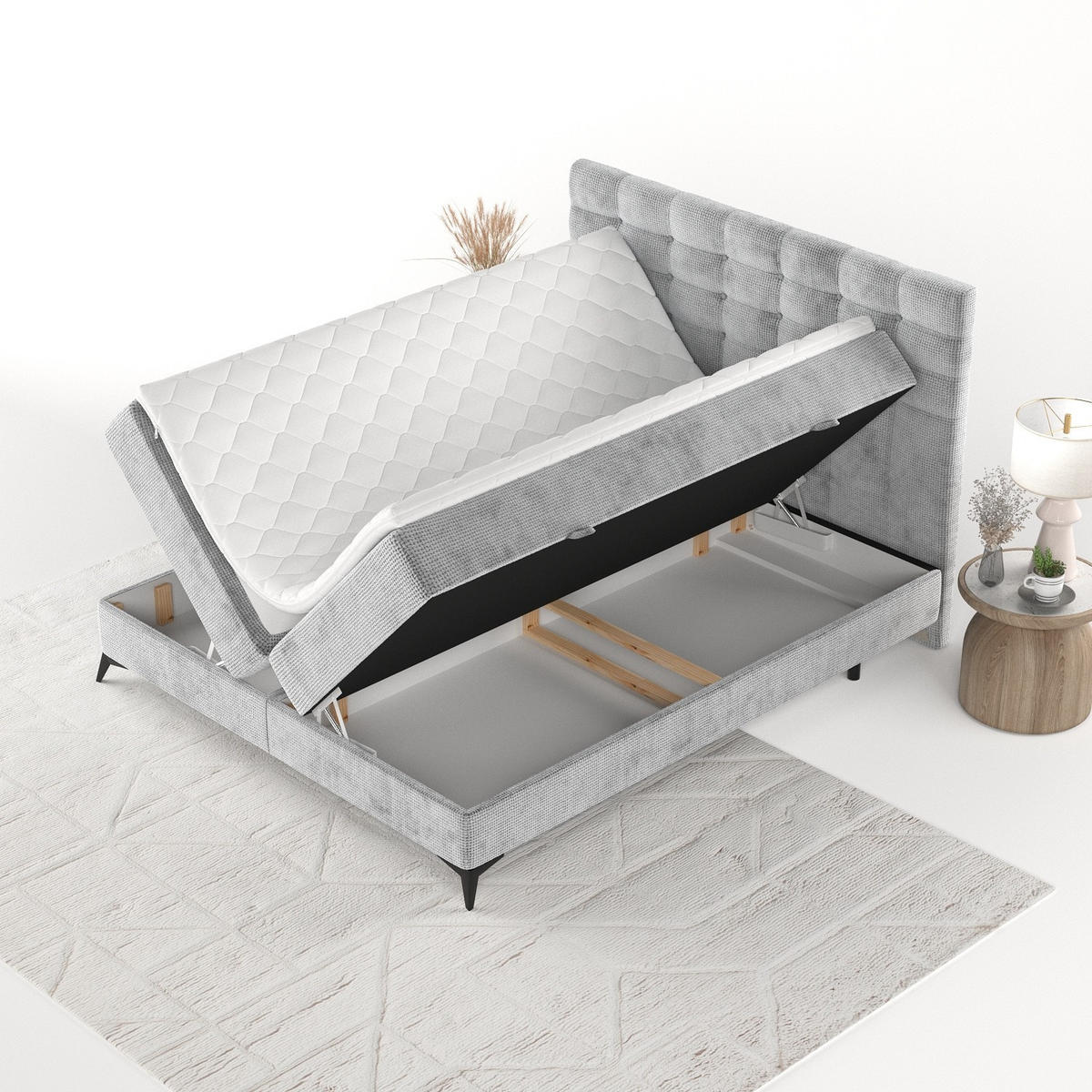 BOXBETT Niro 200/200 cm Hellgrau im Bonita Stoff - Hellgrau/Schwarz, Holz/Holzwerkstoff (200/200cm) - AltaBeds