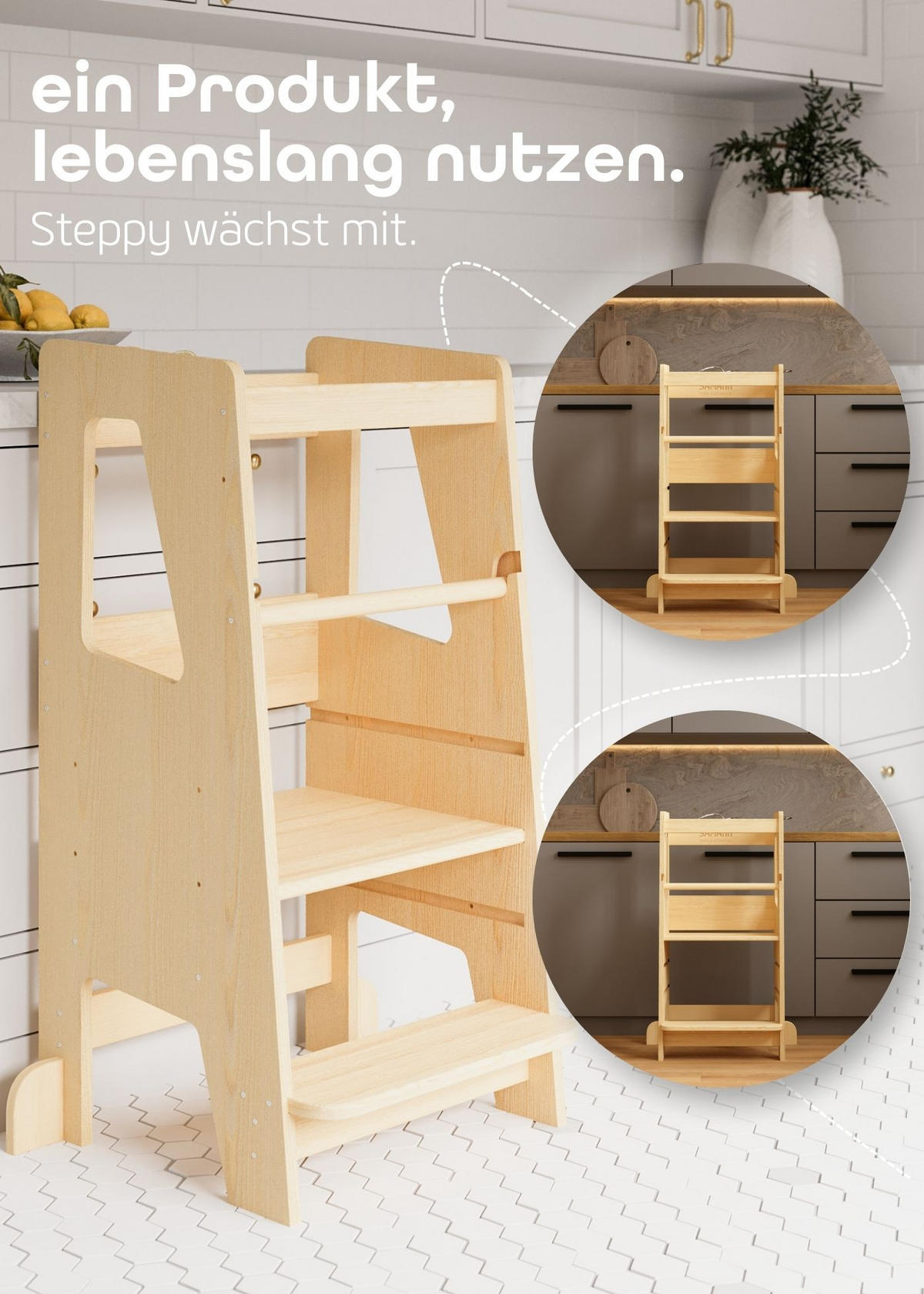 LERNTURM Steppy Höhenverstellbar Montessori Kippschutz natur - Naturfarben, Holzwerkstoff (44/90/44cm) - Sämann – make a difference.