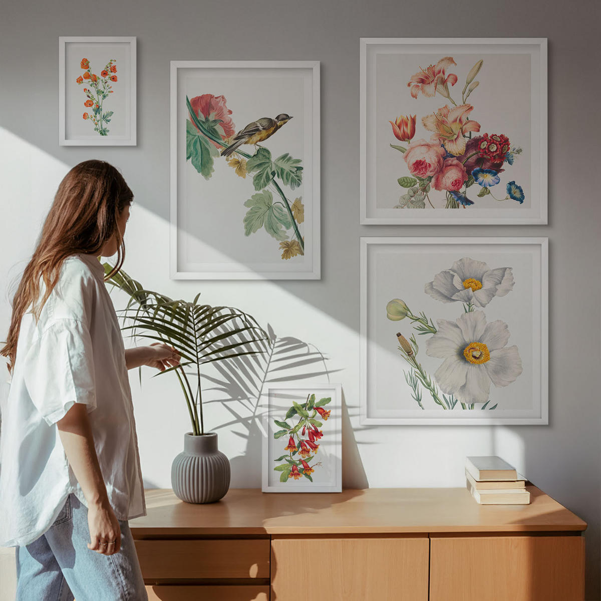 BILDER SET 5er Set - 50x50 cm & 20x30 cm & 40x60 cm Weißer Rahmen - Gemalte Blumen, Retro-Vogel - Weiß, Kunststoff (40/60cm) - TULUP