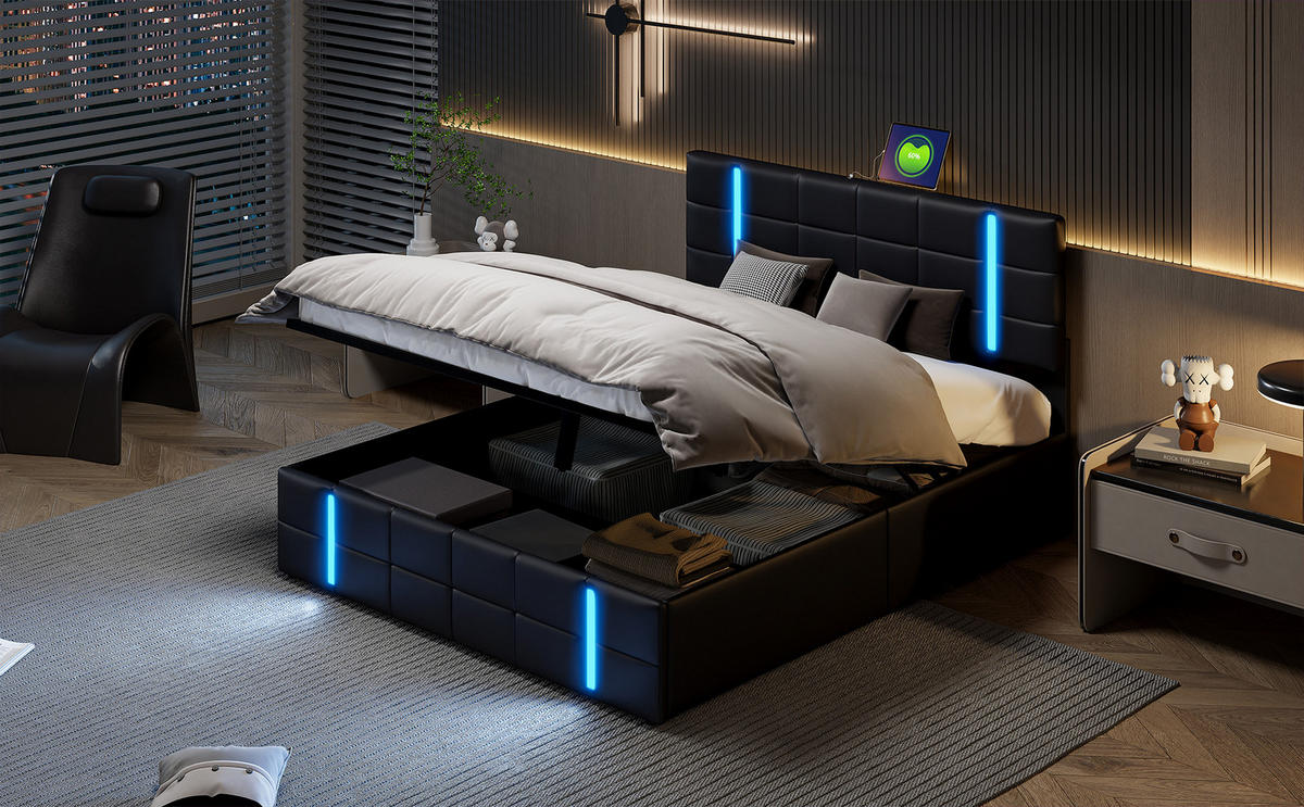 POLSTERBETT 140x200 cm Schwarz PU Leder LED USB Bettkasten - Schwarz, Holz (140/200cm) - SHOPENTRA