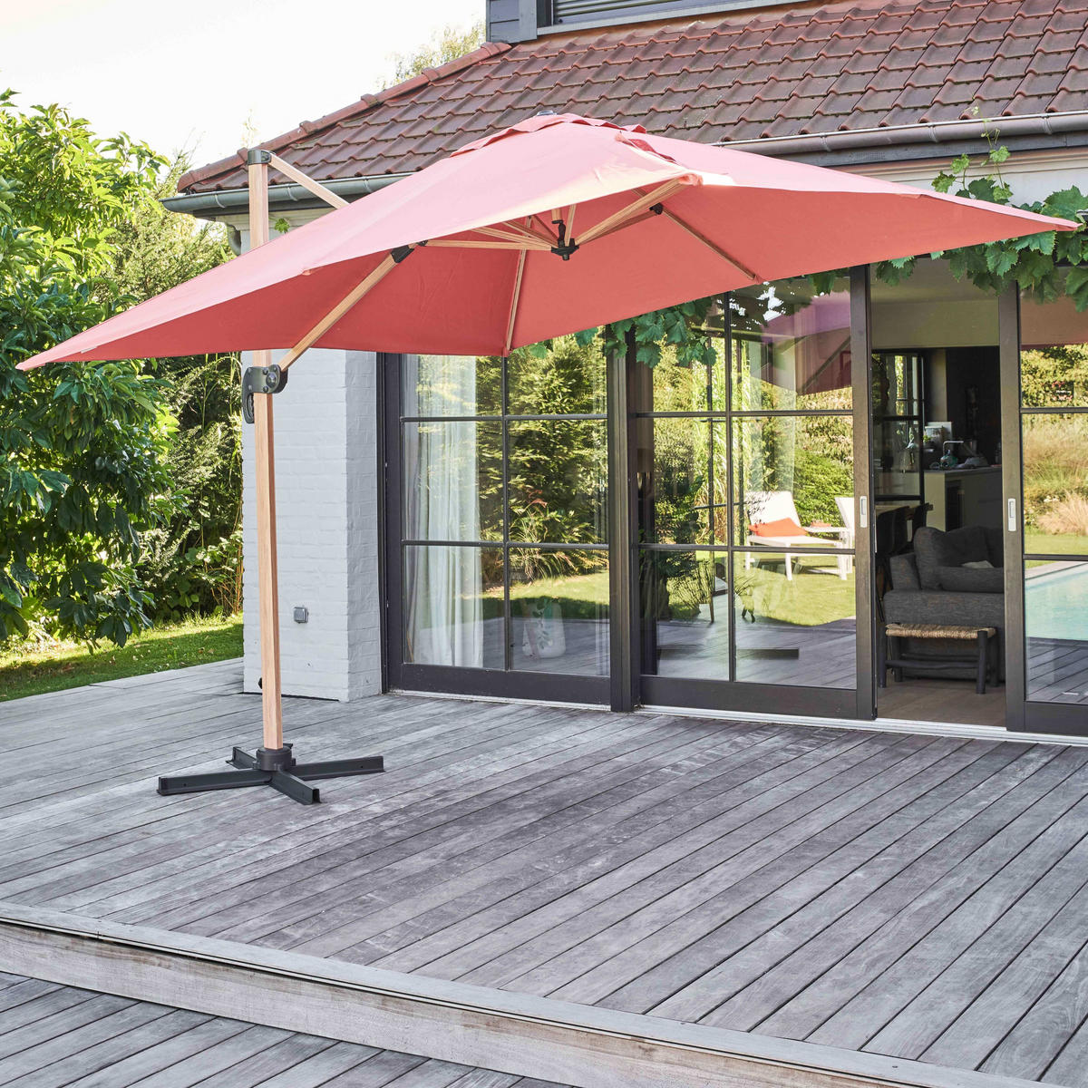 SONNENSCHIRM 3x3m Holzeffekt, Lehm - Pink, Metall (300/300cm) - Oviala