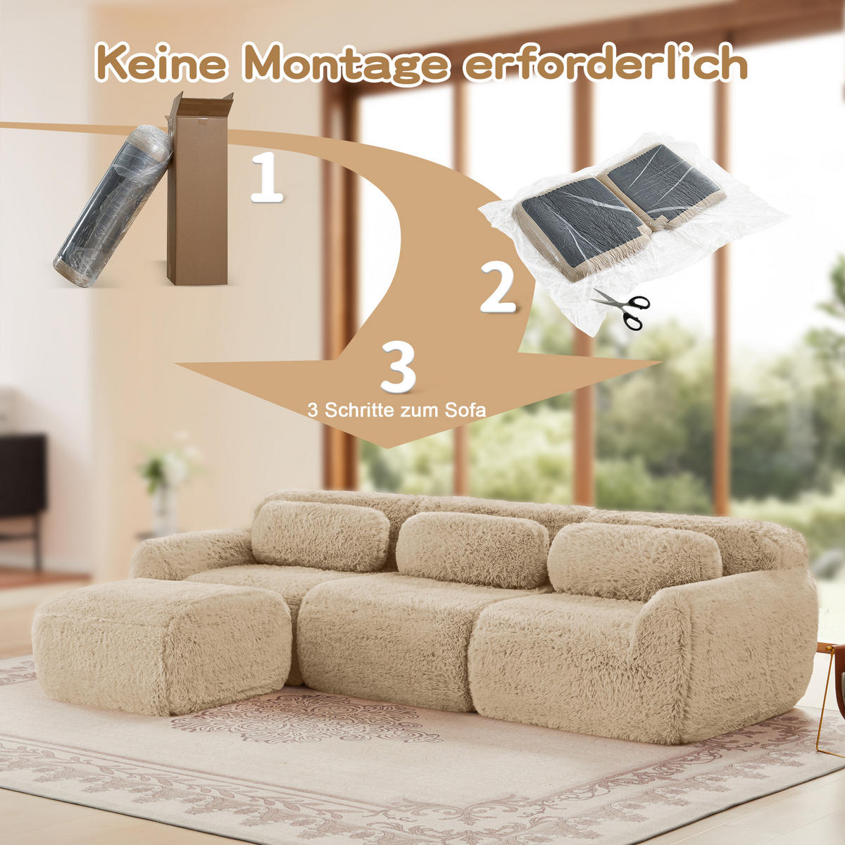ECKSOFA 291/179/73 cm Hellkhaki Plüsch mit 1 Fußhocker und 2 kleinen Dekokissen - Sandfarben/Graubraun, Textil (291/179cm) - Oxeza