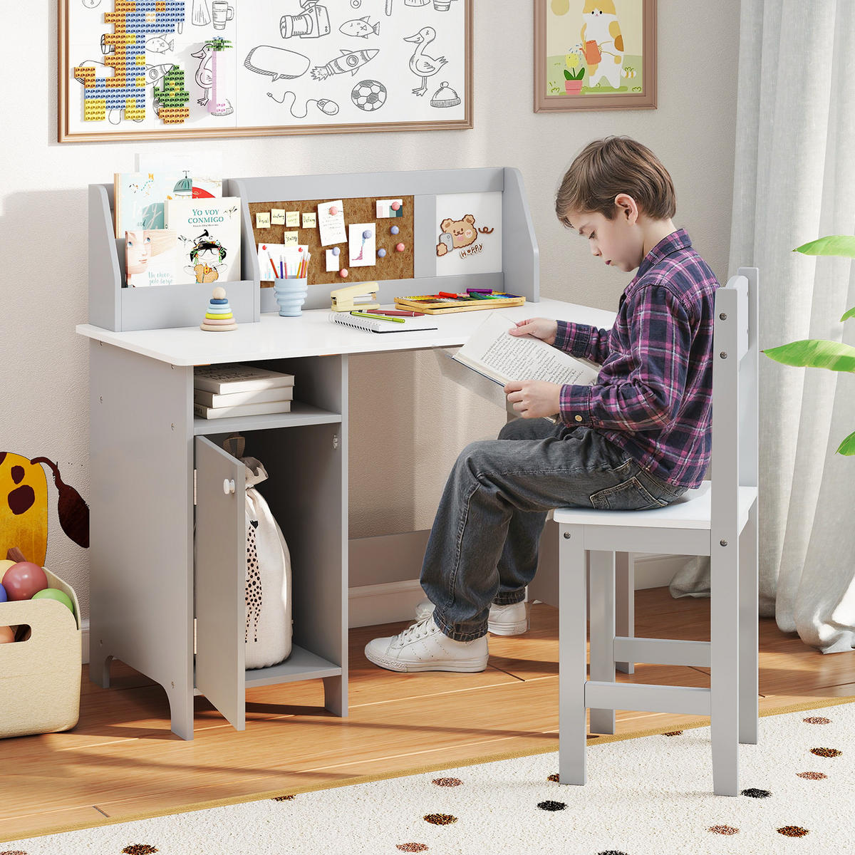 KINDERSCHREIBTISCH mit Stuhl grau(2-tlg) - Grau, Holzwerkstoff (90/85.5/45cm) - COSTWAY