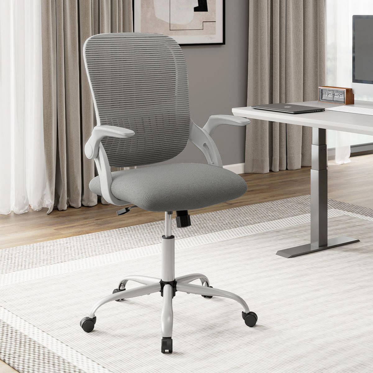 BÜROSTUHL mit klappbaren Armlehnen und Wippfunktion grau - Grau, Metall (63.5/97/58cm) - COSTWAY