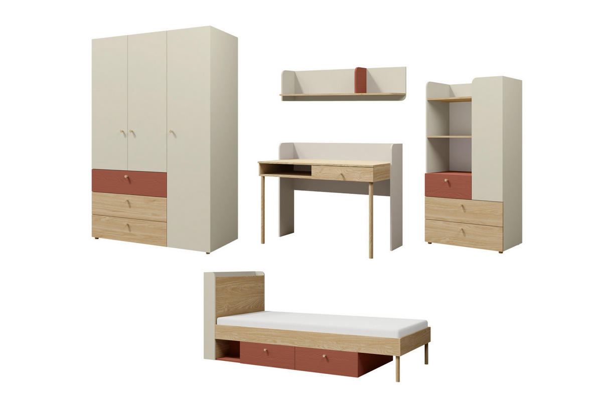 JUGENDZIMMER-SET YOGI A 5-teilig in Graubeige / Geölte Eiche / Koralle - Greige/Koralle, Holzwerkstoff (417/185/217cm) - Deine Möbel 24