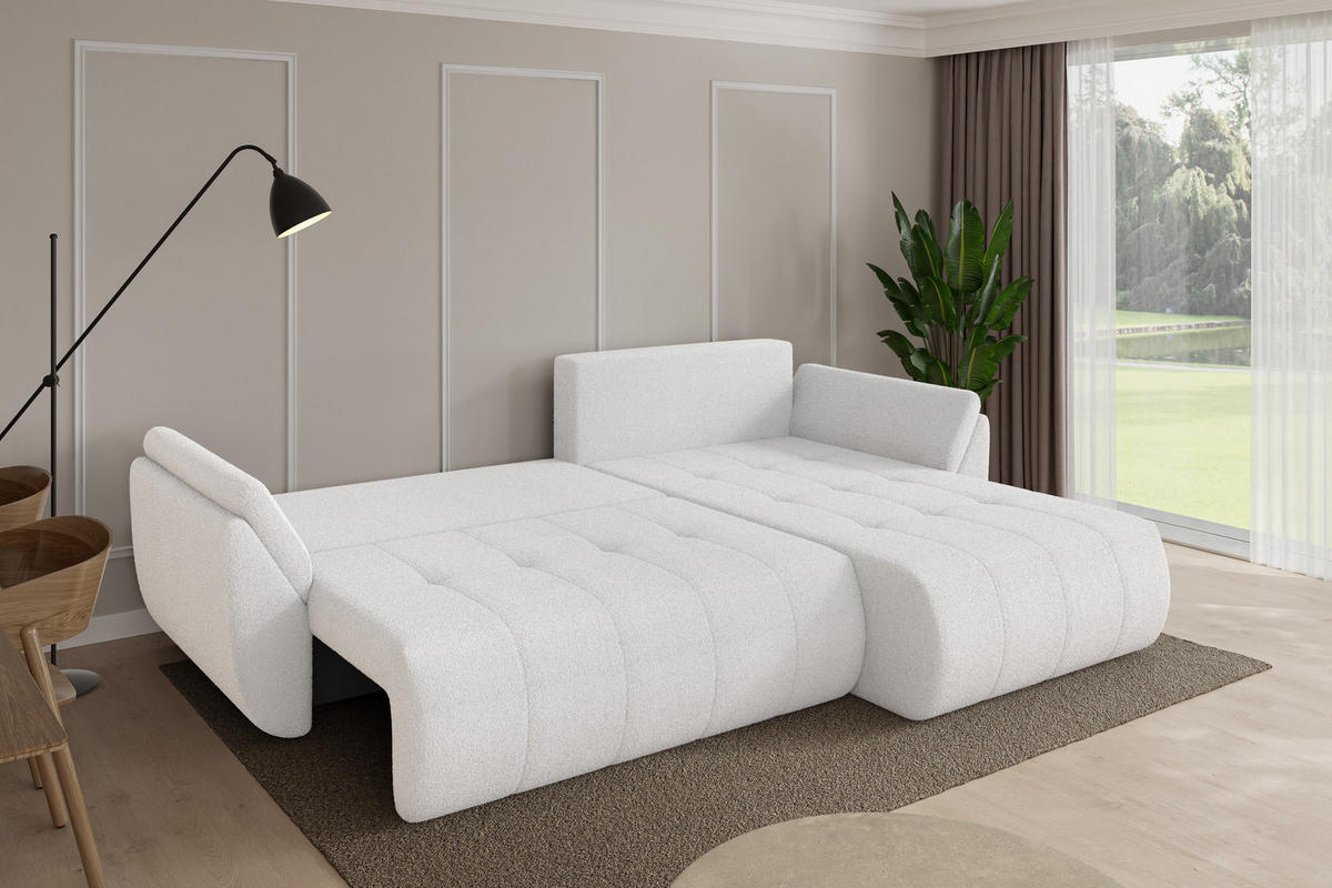 ROHOVÁ SEDAČKA s funkcí spaní, otoman vpravo TOKO-L 277x194x86 bílá bouclé - bílá/černá, kompozitní dřevo/textil (277/194cm) - ALTDECOR