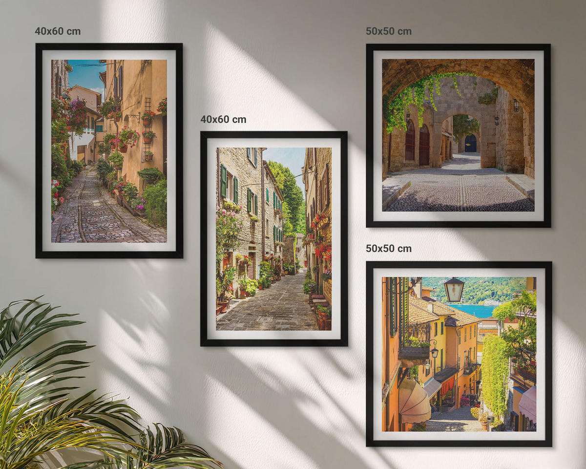 BILDER SET 4er Set - 50x50 cm & 40x60 cm Schwarzer Rahmen - Italienische Straßen, Blumen, Architektur - Schwarz, Kunststoff (50/50cm) - TULUP