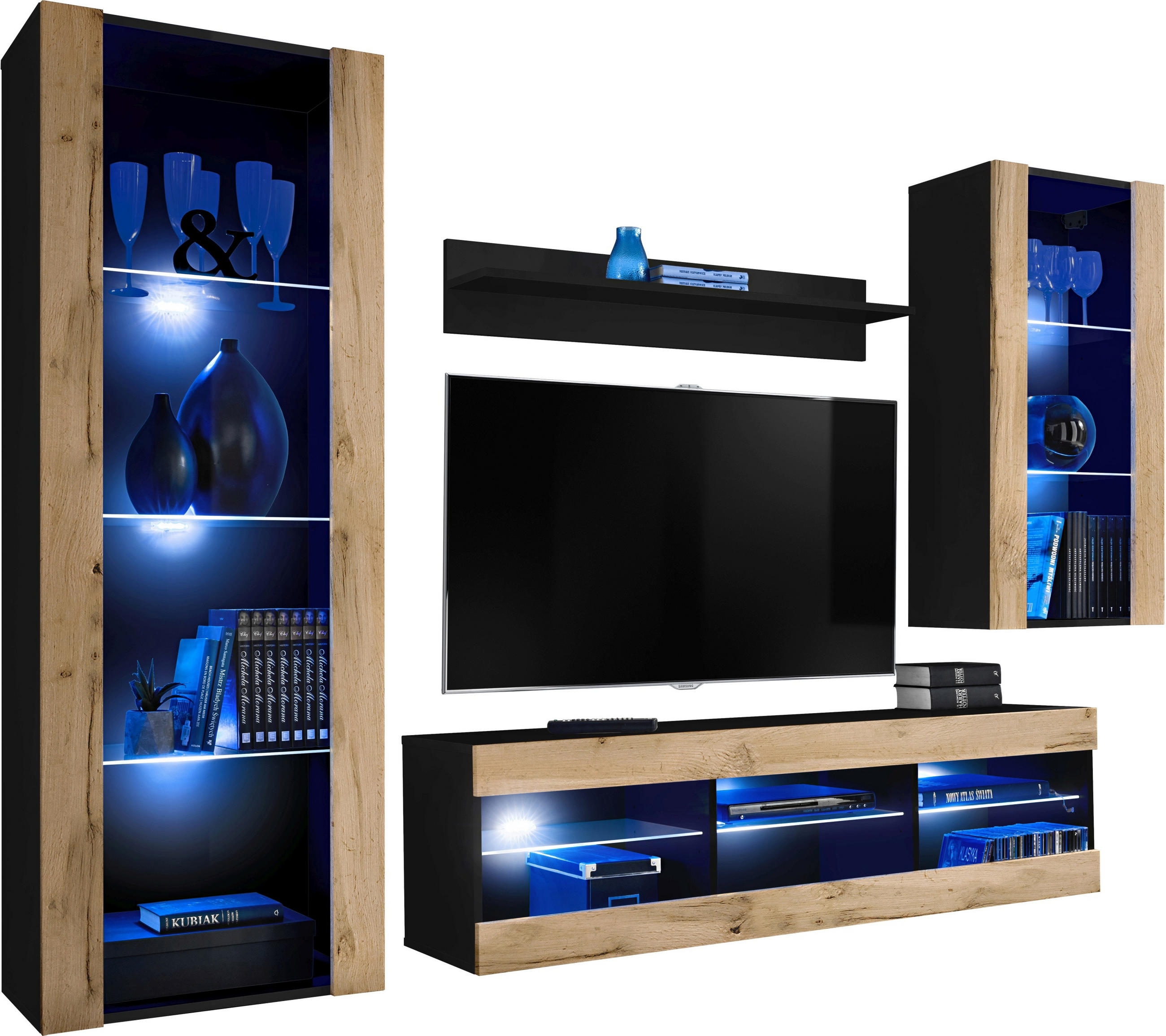 WOHNZIMMERSET TIVOLI MEDIO, 4er-Set, Eiche Wotan, LED Blau - Eiche Wotan/Schwarz, Glas/Holzwerkstoff (245/159/35cm) - Komodee