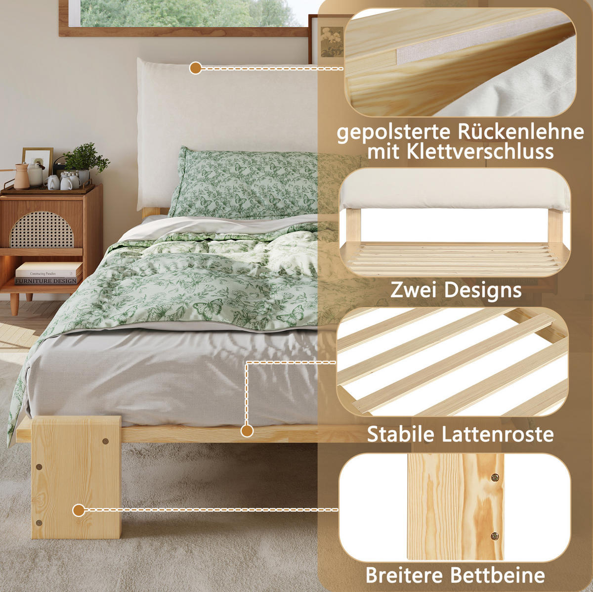POLSTERBETT 90/200 cm Natur mit gepolsterter Rückenlehne - Naturfarben, Textil (90/200cm) - Flora Grace