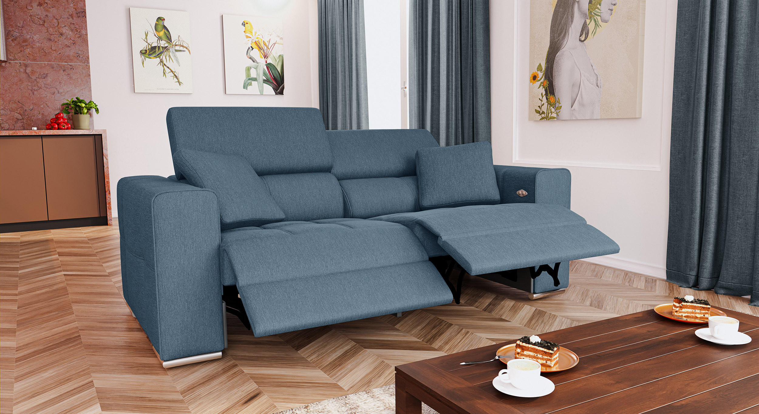 SOFA QUARTZ 3-Sitzer mit 2 Relaxfunktionen, blau - Blau/Silberfarben, Holzwerkstoff/Textil (204/80/102cm) - Courtois Laville