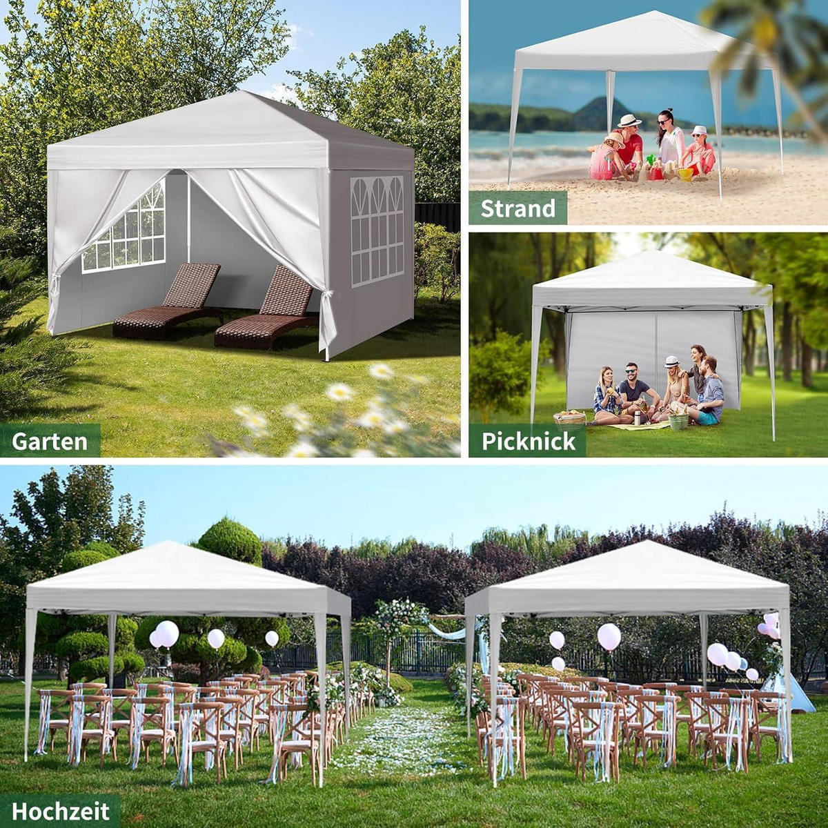 POP-UP Faltpavillon 3 x 3 m mit 4 Seitenteilen, weiß - Weiß, Textil (300/255/300cm)