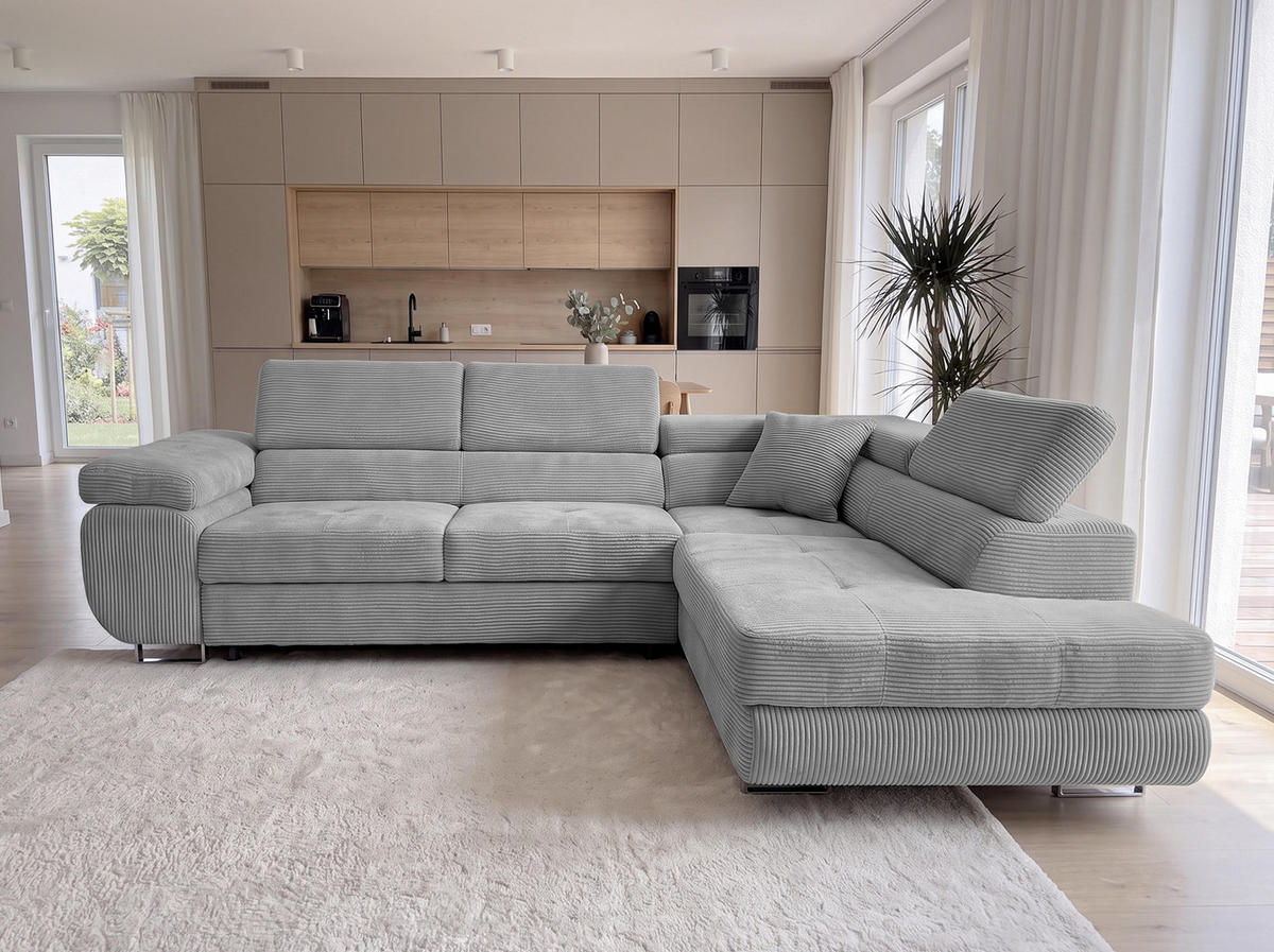 ECKSOFA L Form Konak Hellgrau 276/201/90 cm Rechts mit Schlaffunktion - Silberfarben/Hellgrau, Textil/Metall (276/203cm) - AX Living