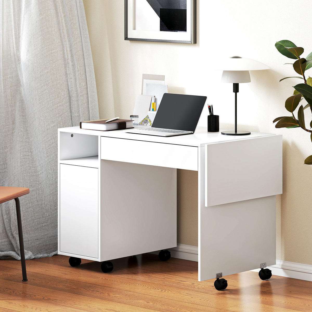 COMPUTERTISCH DE-14910 klappbare Tischplatte, Schublade & Schrank Weiß - Weiß, Holzwerkstoff (58/130/73.2cm) - ComfortXL