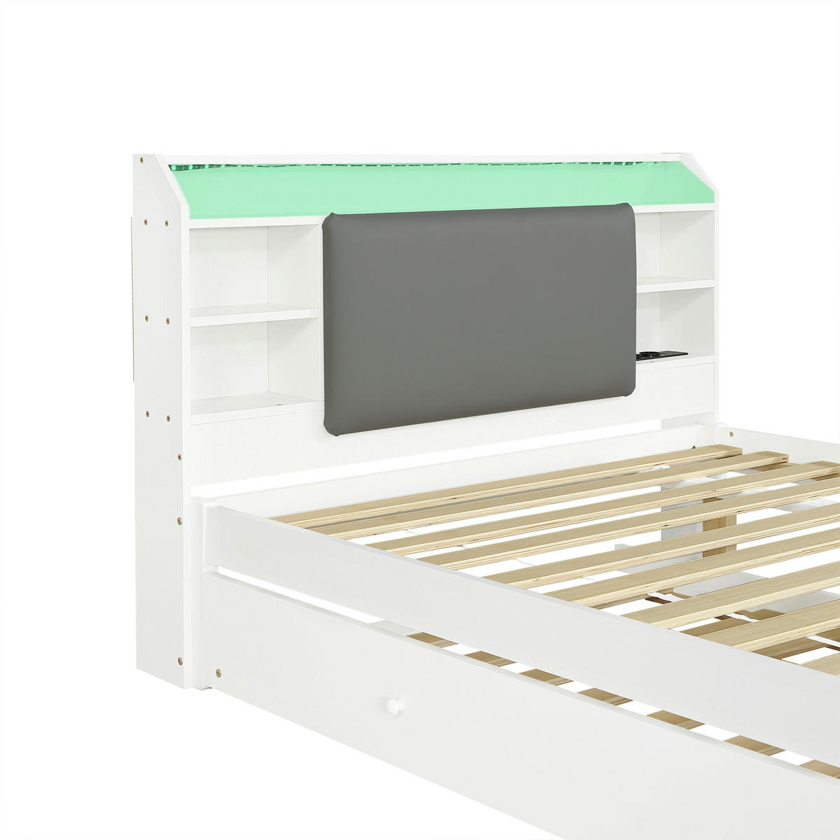 BETT 120/200 cm in Weiß mit Ausziehbett, gepolstertem Kopfteil, Kopfteilregal, LED und Ladestation aus Holz - Weiß/Grau, Holzwerkstoff (120/200cm) - STILVORA