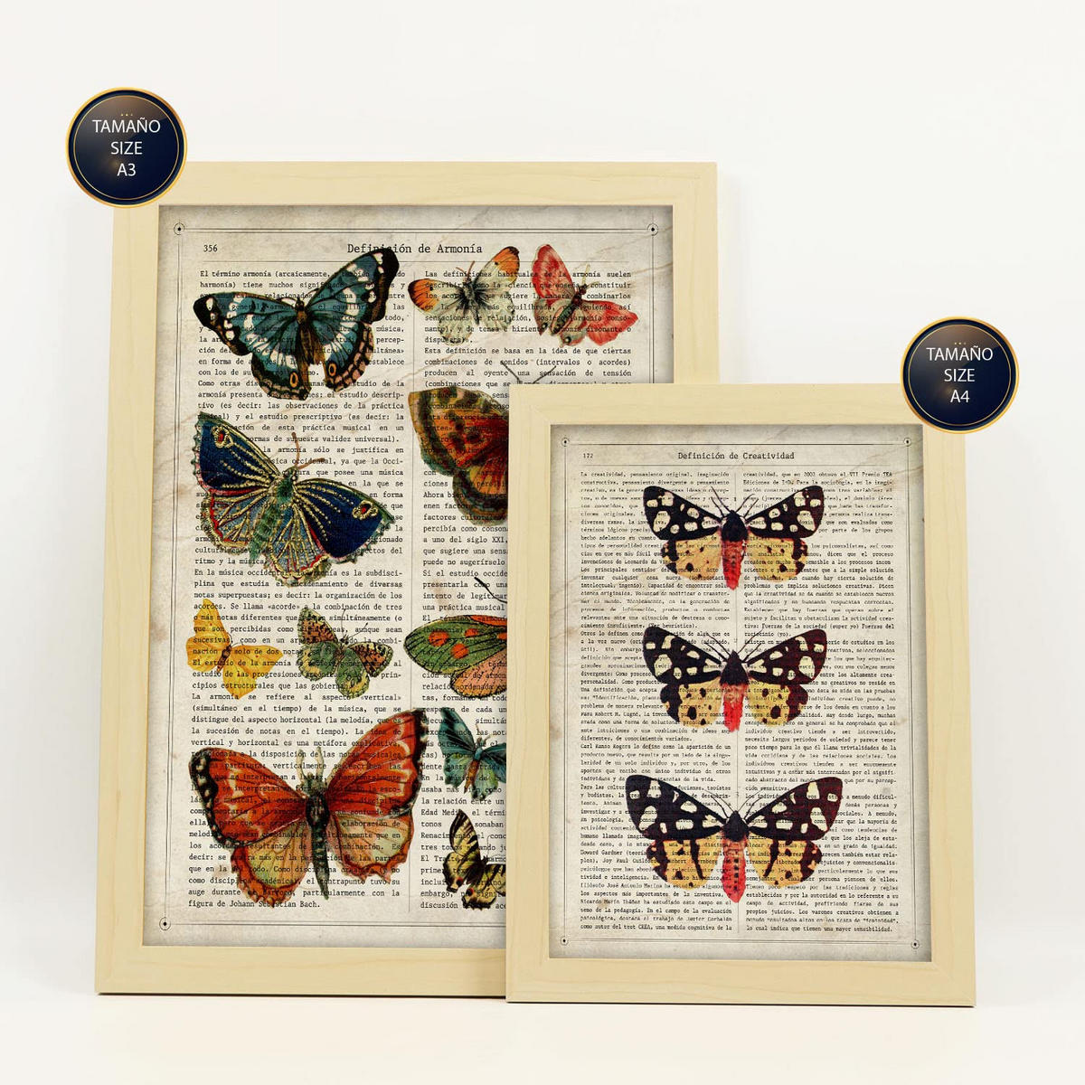 POSTER Set Mit 6 Schmetterling Größe A3 & A4 Rahmen aus hellem Holz - Beige, Papier (29.7/1cm) - Nacnic