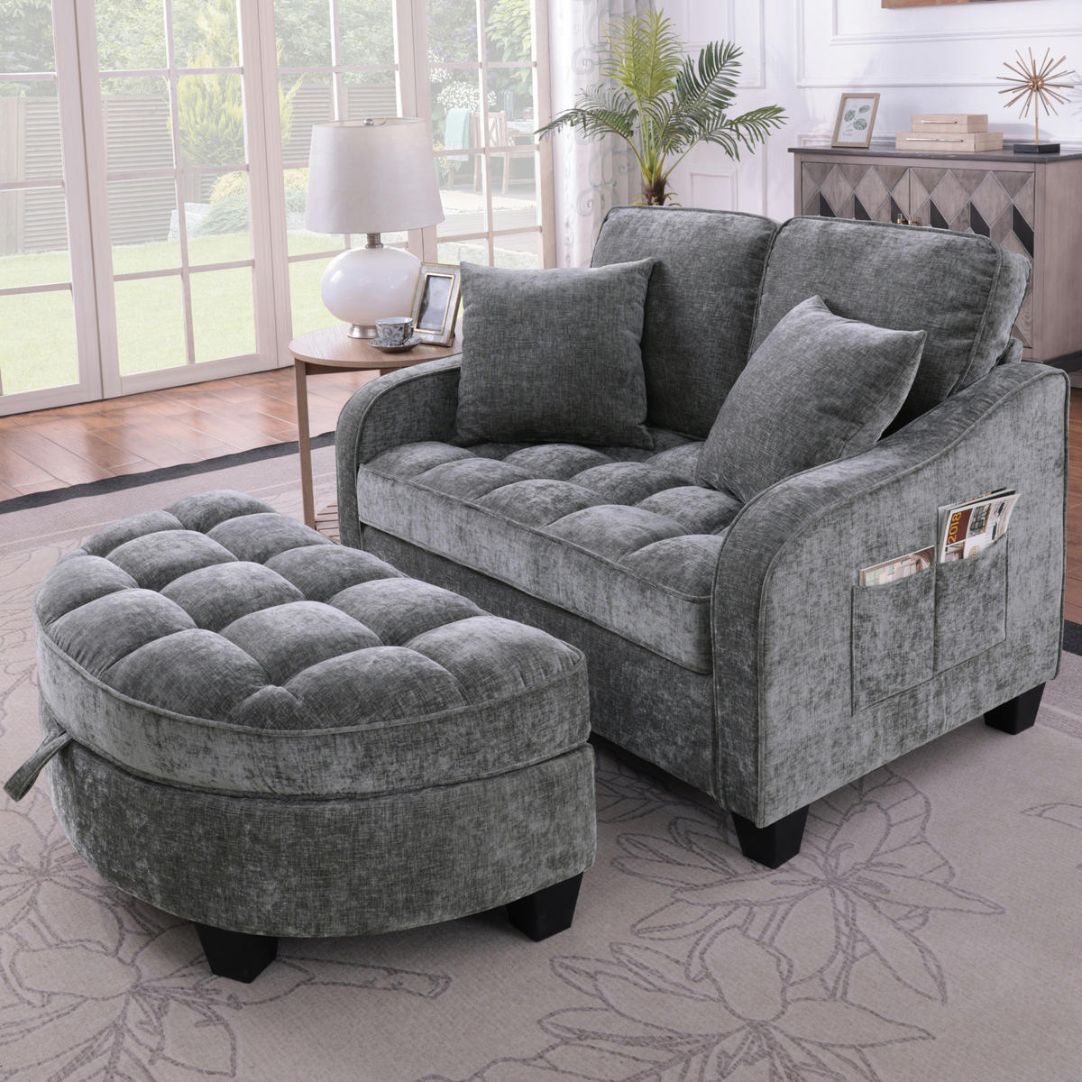 SOFA-BETT 132/129/93 cm aus Eukalyptusholz mit Aufbewahrungshocker Dunkelgrau - Dunkelgrau, Holz (129/93/132cm) - Modenvie