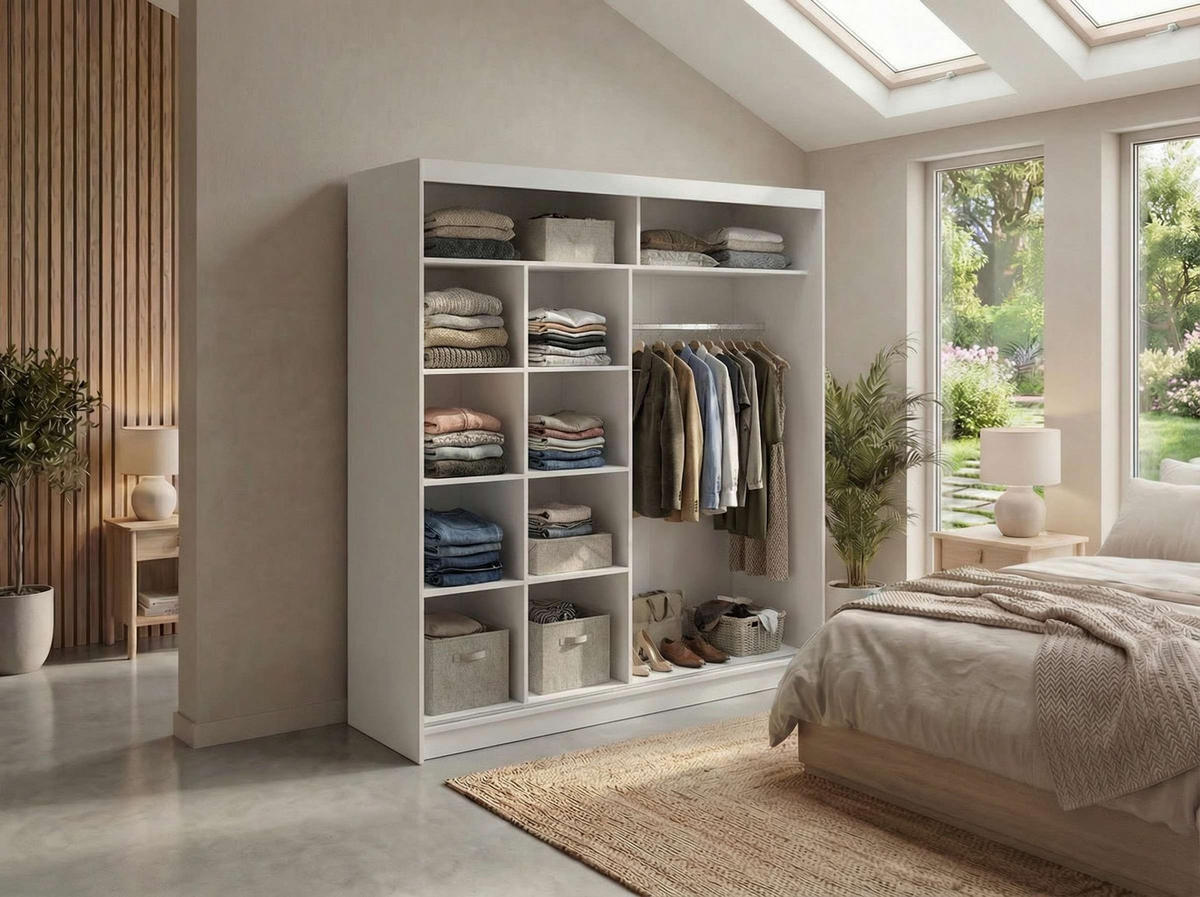 SCHWEBETÜRENSCHRANK mit Spiegel - WALENCJA - 200 - Weiß lacobel - Alufarben/Weiß, Holzwerkstoff/Metall (200/216/61cm) - MKS