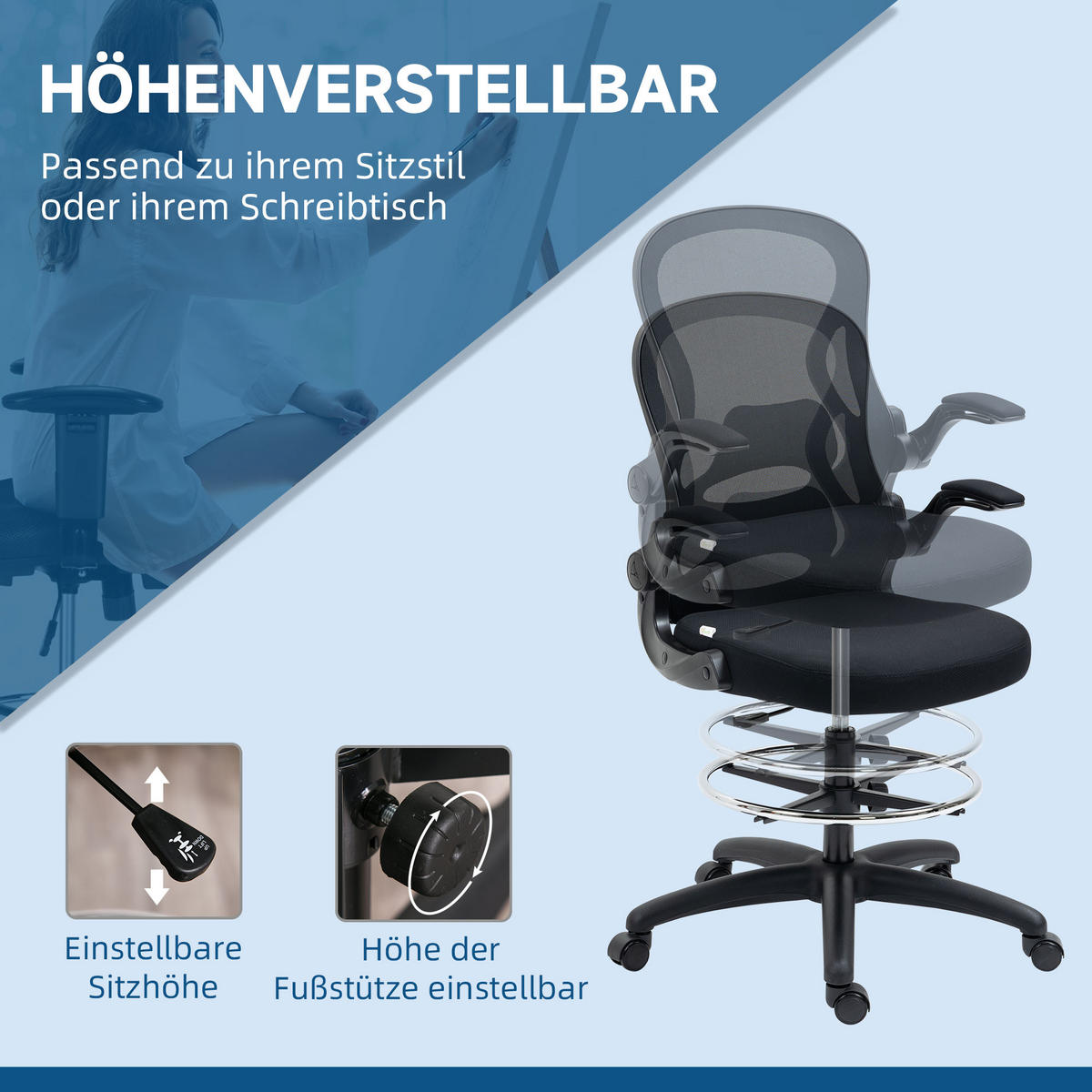 ZEICHENSTUHL, Ergonomischer Bürostuhl, Drehstuhl, Arbeitsstuhl, Höhenverstellbar - Schwarz, Textil (65/122/59cm) - Vinsetto