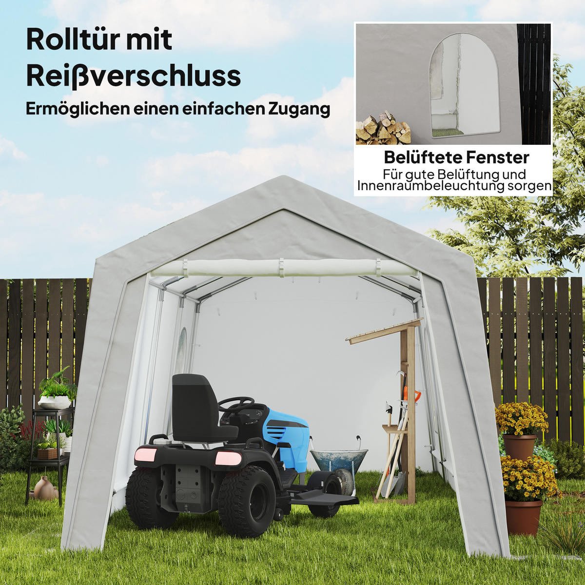 AUFBEWAHRUNGSZELT, wasserdicht Fahrradschuppen mit Türen, Fenster, Schuppen - Hellgrau, Metall (300/257/597cm) - Outsunny