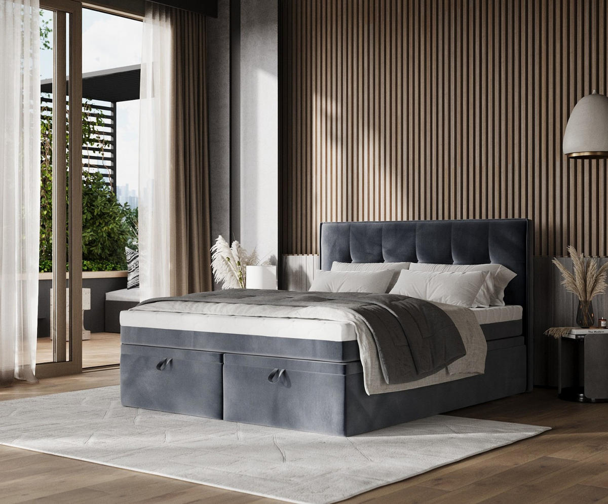 BOXBETT Arivo 200/200 cm Dunkelgrau im Kronos Stoff - Dunkelgrau/Schwarz, Holz/Holzwerkstoff (200/200cm) - AltaBeds