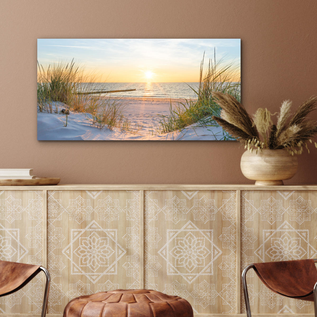 KOVOVÝ OBRAZ Pláž - Slnko - Duny - Tráva - Piesok - Horizont 80x40 cm - svetlomodrá, kov (80/40cm) - MuchoWow
