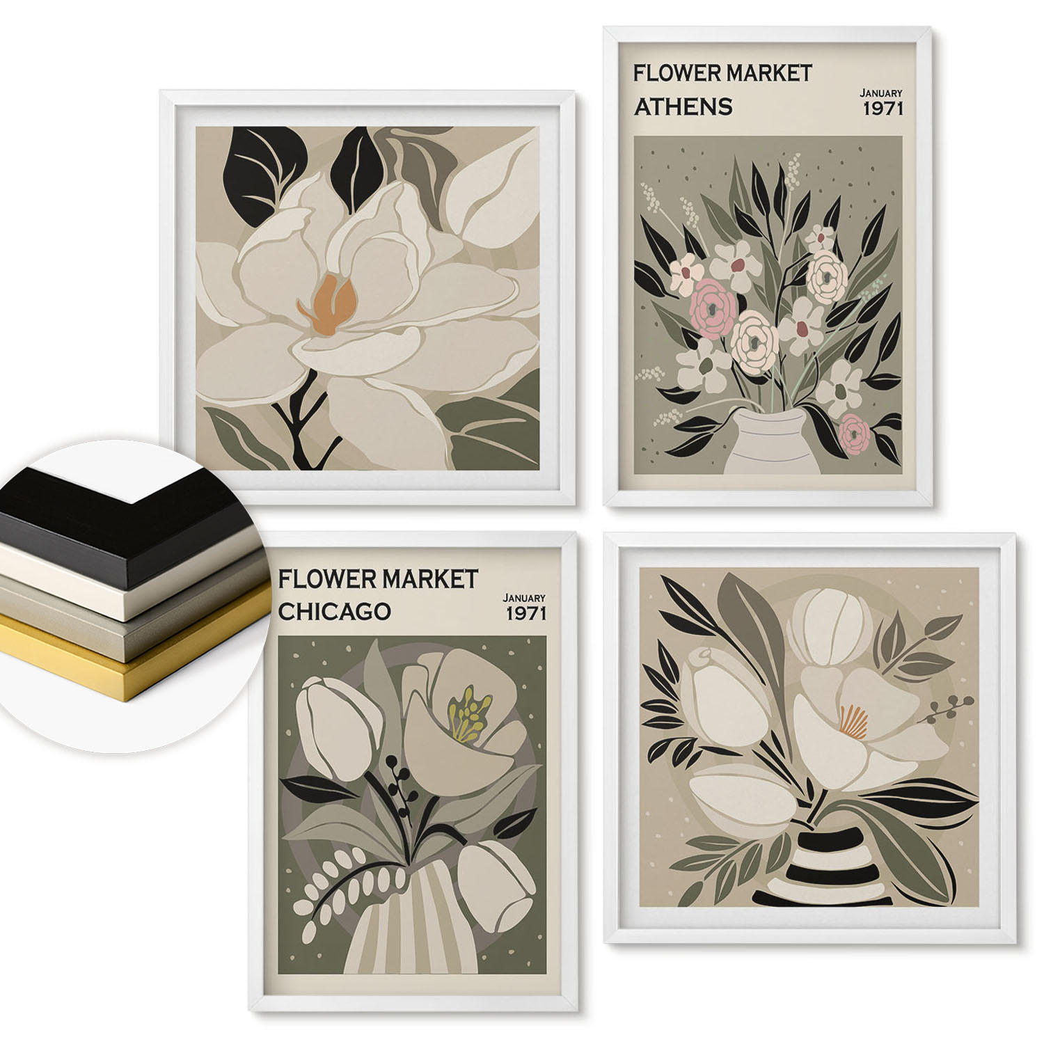 WANDBILDER 4er-Set - 50x50 cm & 40x60 cm Weißer Rahmen - Retro-Blumenmuster aus verschiedenen Städten - Weiß, Kunststoff (50/50cm) - ArtPrintCave