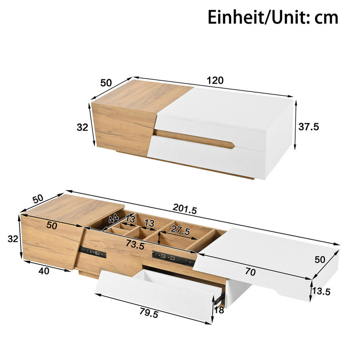 COUCHTISCH ausziehbar mit Schubladen Farbblockstruktur Natur-Weiß - Weiß, Holz (73/65/17cm) - FLIEKS