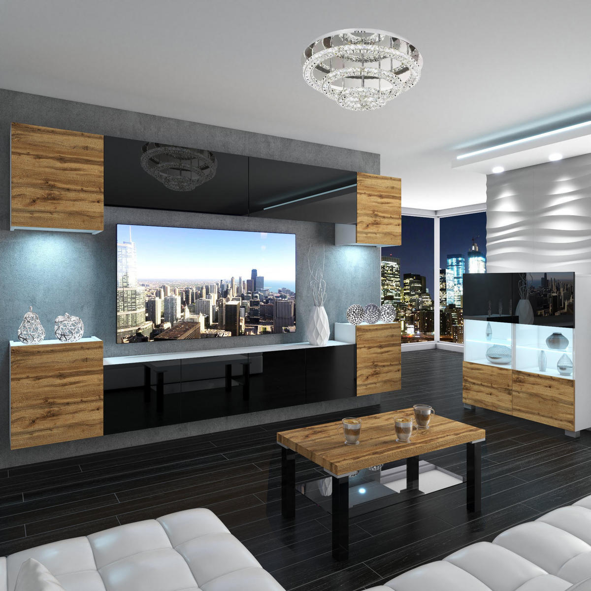 WOHNZIMMERWAND mit LED-Beleuchtung TV-Schrank Wotan Eiche/Schwarz Top - Schwarz/Braun, Holz (300/180/36cm) - B BELINI GROUP