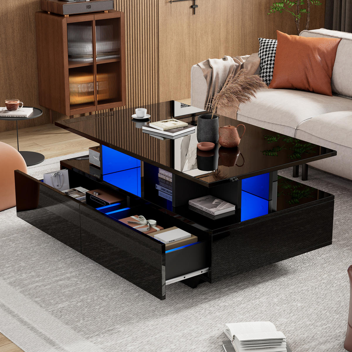 COUCHTISCH 90/55/41 cm schwarz aus Holzwerkstoff mit LED-Beleuchtung und 2 Schubladen - Schwarz, Holzwerkstoff (90/55/41cm) - OKMYHOME