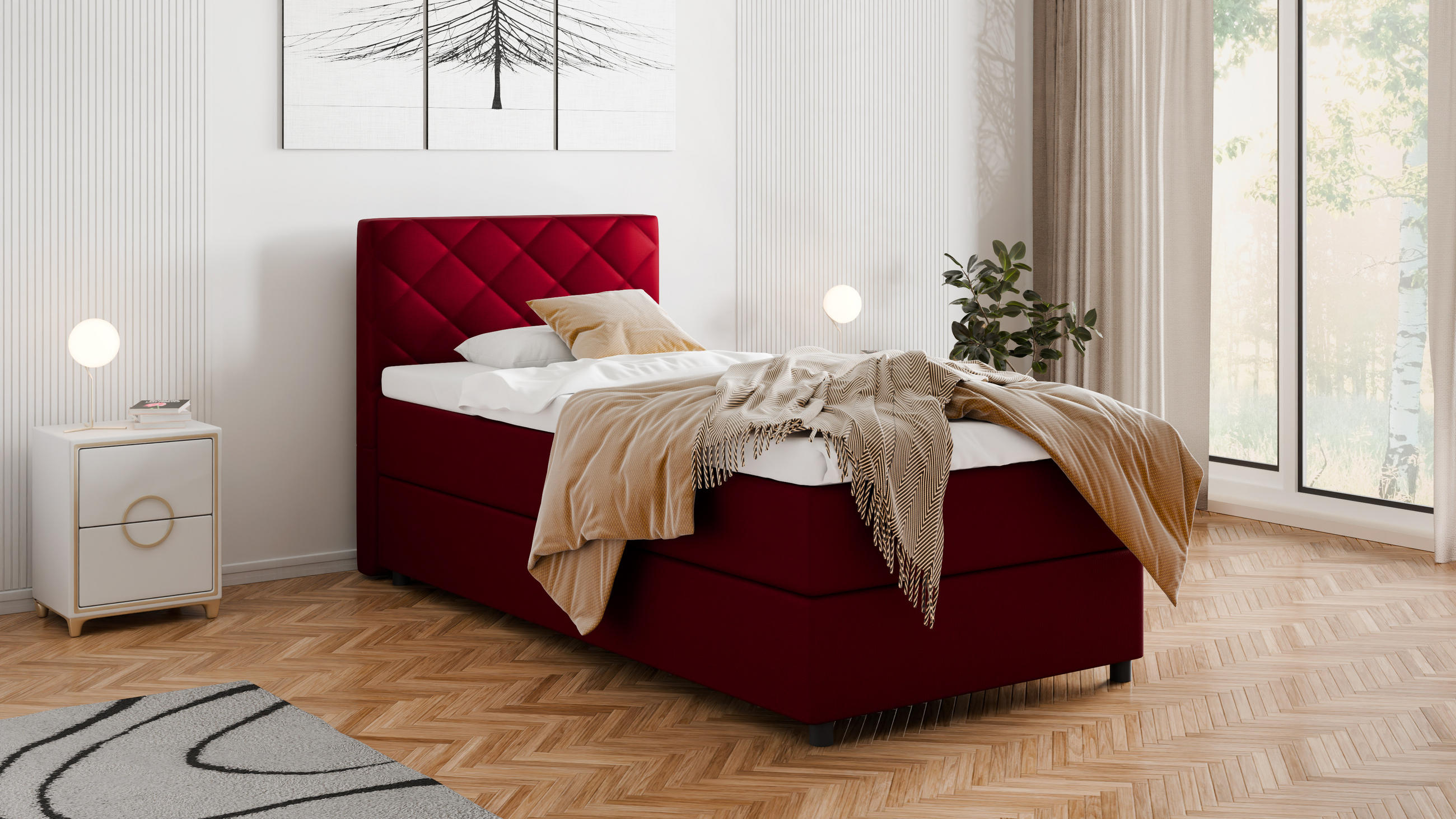 BOXBETT Diamaro 100x200 cm mit Bettkasten und Topper - Rot - Rot, Holz (100/200cm) - Panda Möbel