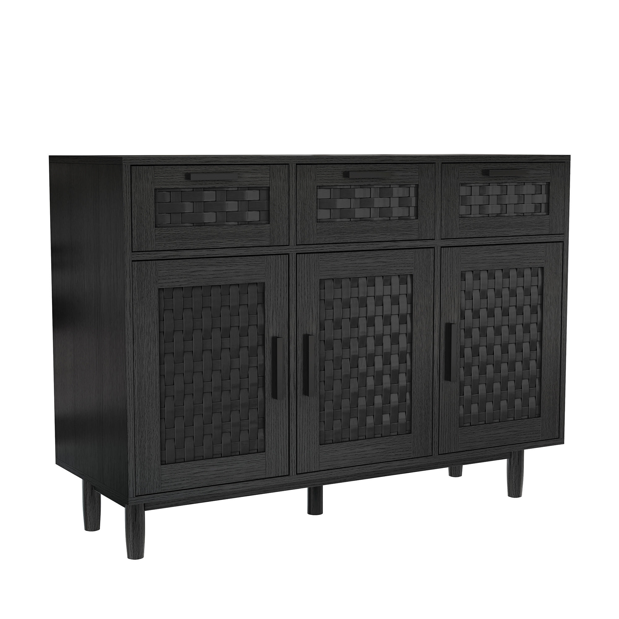 SIDEBOARD 108x40x80 cm Rattan 3 Türen 3 Schubladen schwarz - Schwarz, Holz (107.9/80/40cm) - LEBENLANG