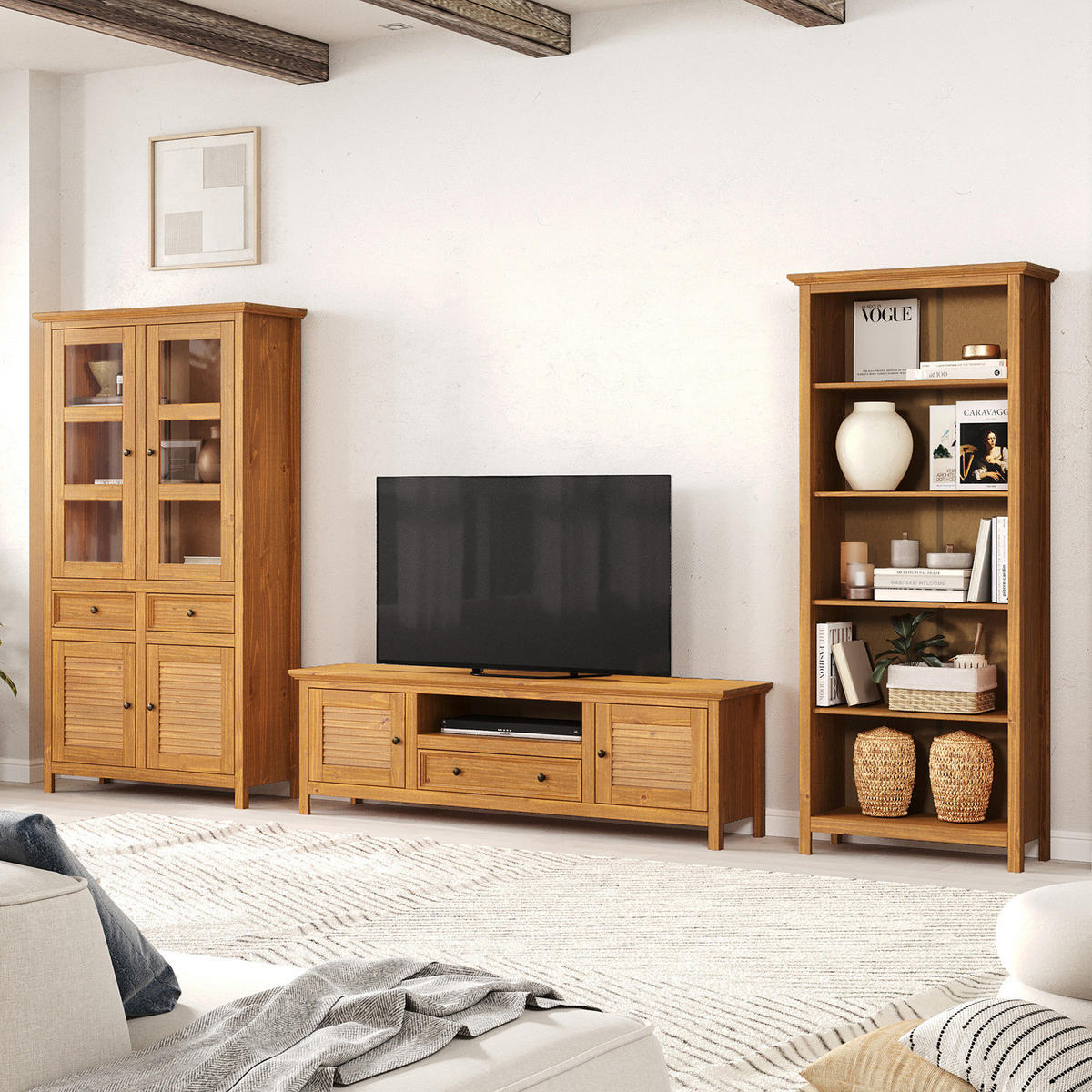 MASSIVES TV-LOWBOARD - Kiefer massiv - 180 cm - Braun/Kieferfarben, Holz/Metall (180/55/42cm) - home24