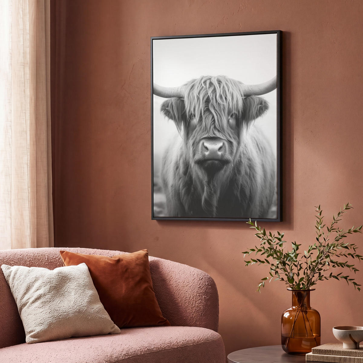 LEINWAND Bilder mit Rahmen - Schottischer Highlander - Nebel - Schwarz - Weiß - 70x100 - Grau, Textil (70/100cm) - MuchoWow