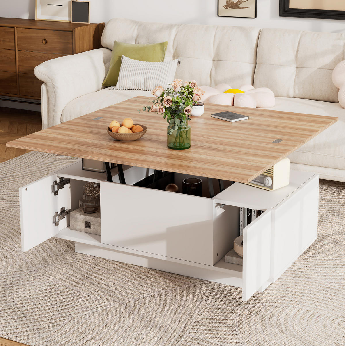 COUCHTISCH aus Spanplatte 100x50x55,5 cm in Weiß mit 2 Hebeplatten - Weiß, Holzwerkstoff (100/50/55.5cm) - Modfu