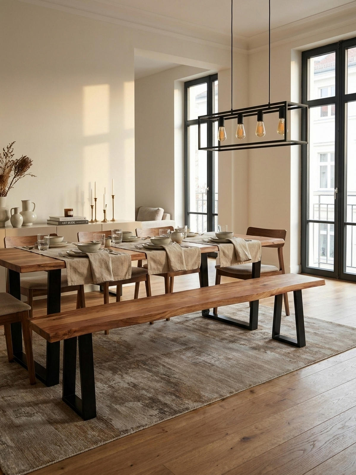 ESSZIMMERBANK Massivholz Metall Baumkante ohne Lehne, Akazie 160x40x46 cm - Schwarz/Braun, Holz/Metall (160/46/40cm) - KADIMA DESIGN