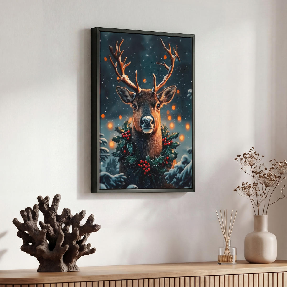 LEINWAND Bilder mit Rahmen - Hirsch - Weihnachten - Winter - Schnee - Weihnachtskranz - 30x40 - Dunkelbraun, Textil (30/40cm) - MuchoWow