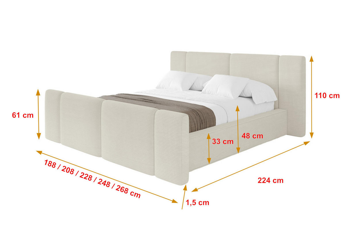 POLSTERBETT mit Bettkasten, Fußteil und Lattenrost, Bett mit Matratze H3/H4 - RIVO-Z 200x200 Creme - Sahara, Holzwerkstoff/Textil (200/200cm) - ALTDECOR