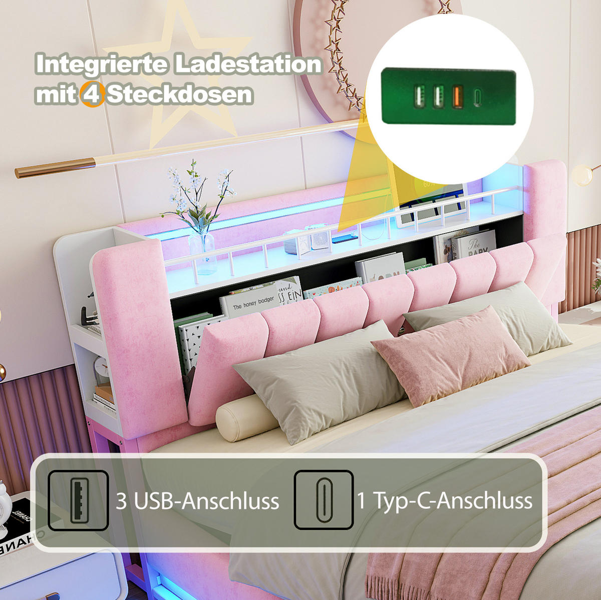 POLSTERBETT 140/200 cm in Rosa mit LED-Beleuchtung, USB und Stauraum - Pink, Textil (140/200cm) - Flora Grace