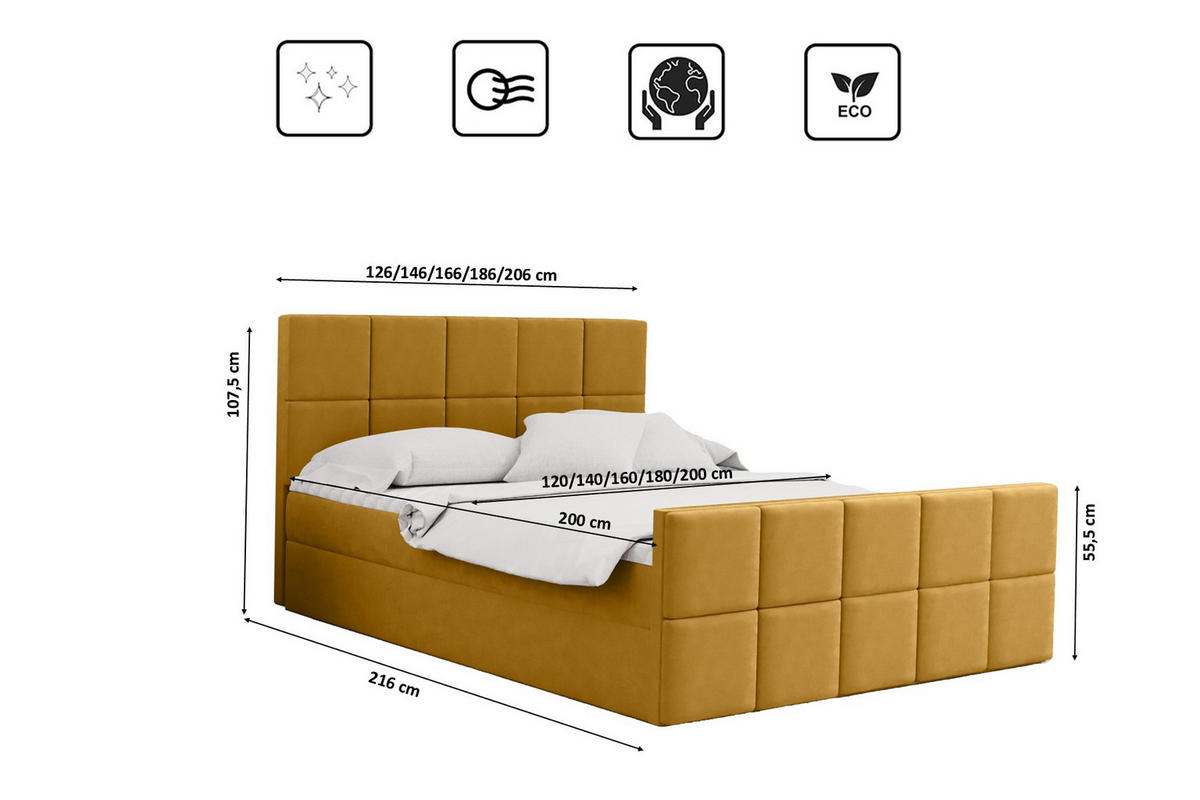 BOXBETT mit Bettkasten und Matratze Topper HANA Stoff Matt Velvet Gelb 200x200 cm H3-Bonell - Gelb, Holz/Textil (200/200cm) - Kaiser Möbel