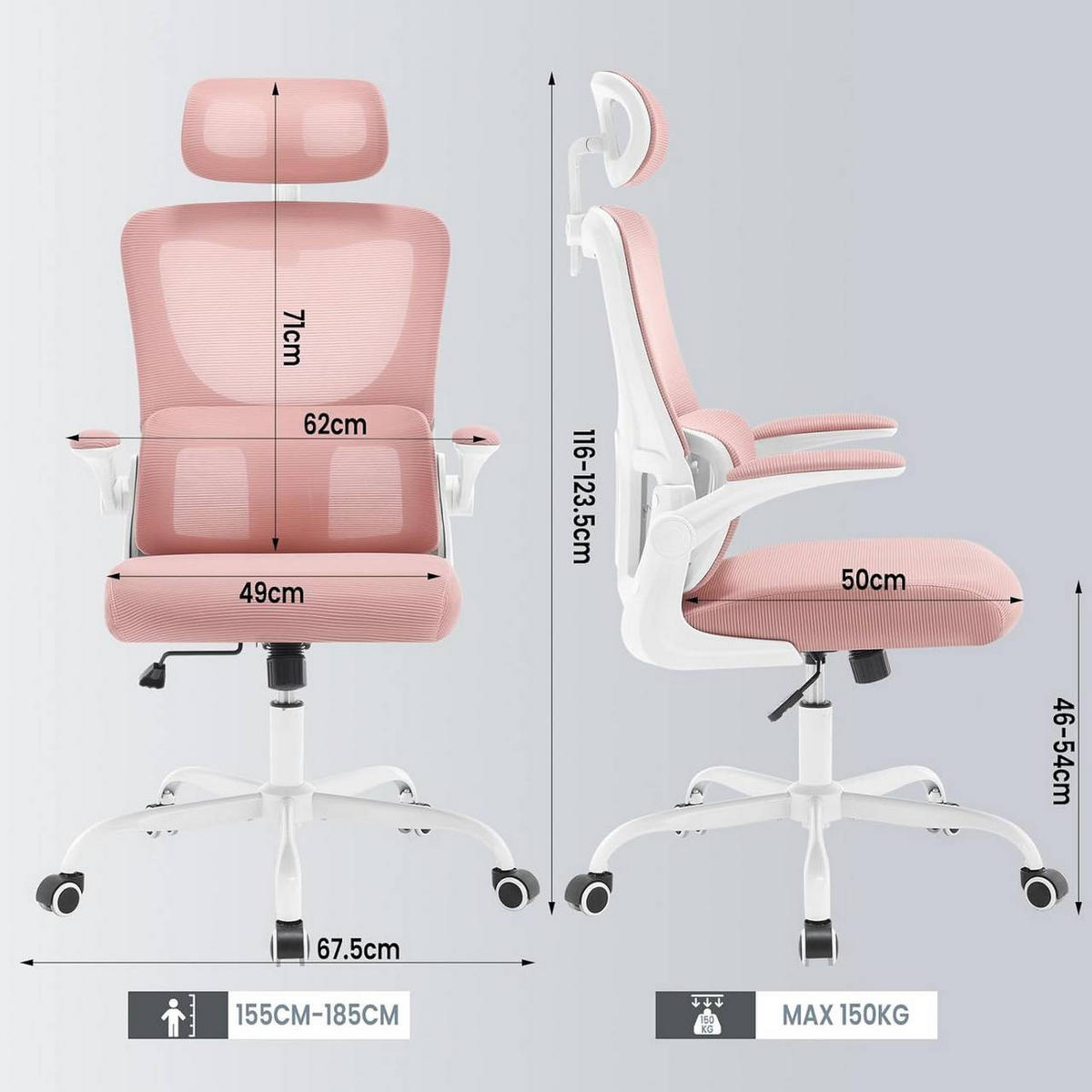 BÜROSTUHL ergonomisch, Netzstoff, Rosa - Schwarz/Rosa, Kunststoff/Textil (62/116/69.5cm) - Woltu