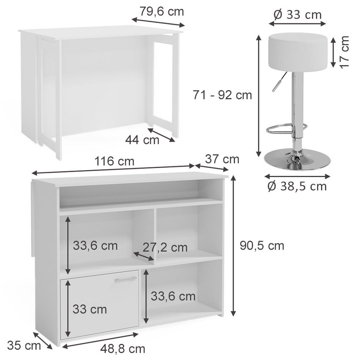BARTISCH-SET Dominic Weiß 116 x 37 cm mit 2 Barhockern - Weiß, Holzwerkstoff (116/90.5/37cm) - Vicco