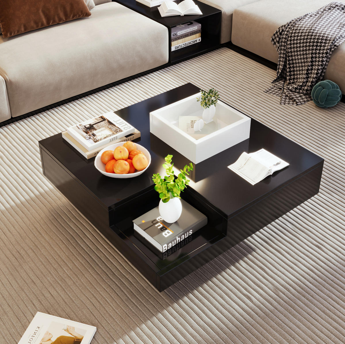 COUCHTISCH 72/72/30 cm mit LED-Beleuchtung und Aufbewahrungsbox - Schwarz, Holzwerkstoff (72/72/30cm) - Flora Grace