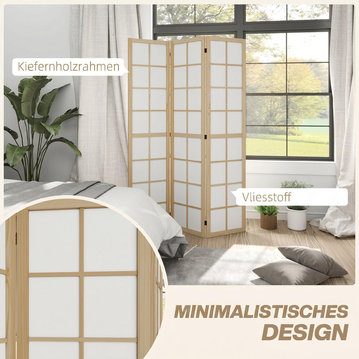 PARAVENT Kiefernholz, Vliesstoff Naturholz - Weiß/Naturfarben, Holz/Textil (1.7/170/120cm) - HOMCOM