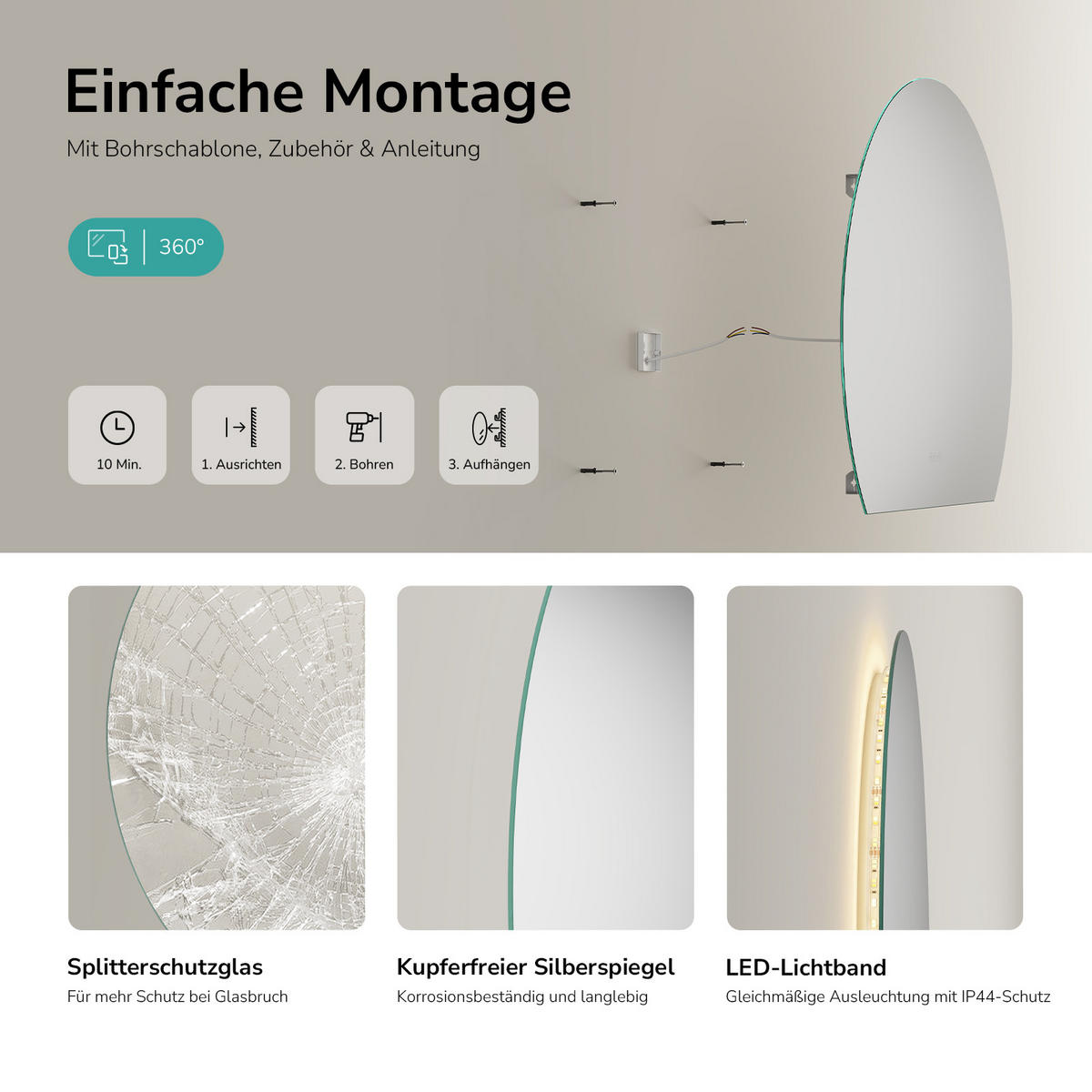 BADSPIEGEL LED 100 x 83 cm mit 3 Lichtfarben, Antibeschlagfunktion und Touch-Schalter - Transparent, Glas (100/83/2.5cm) - EMKE