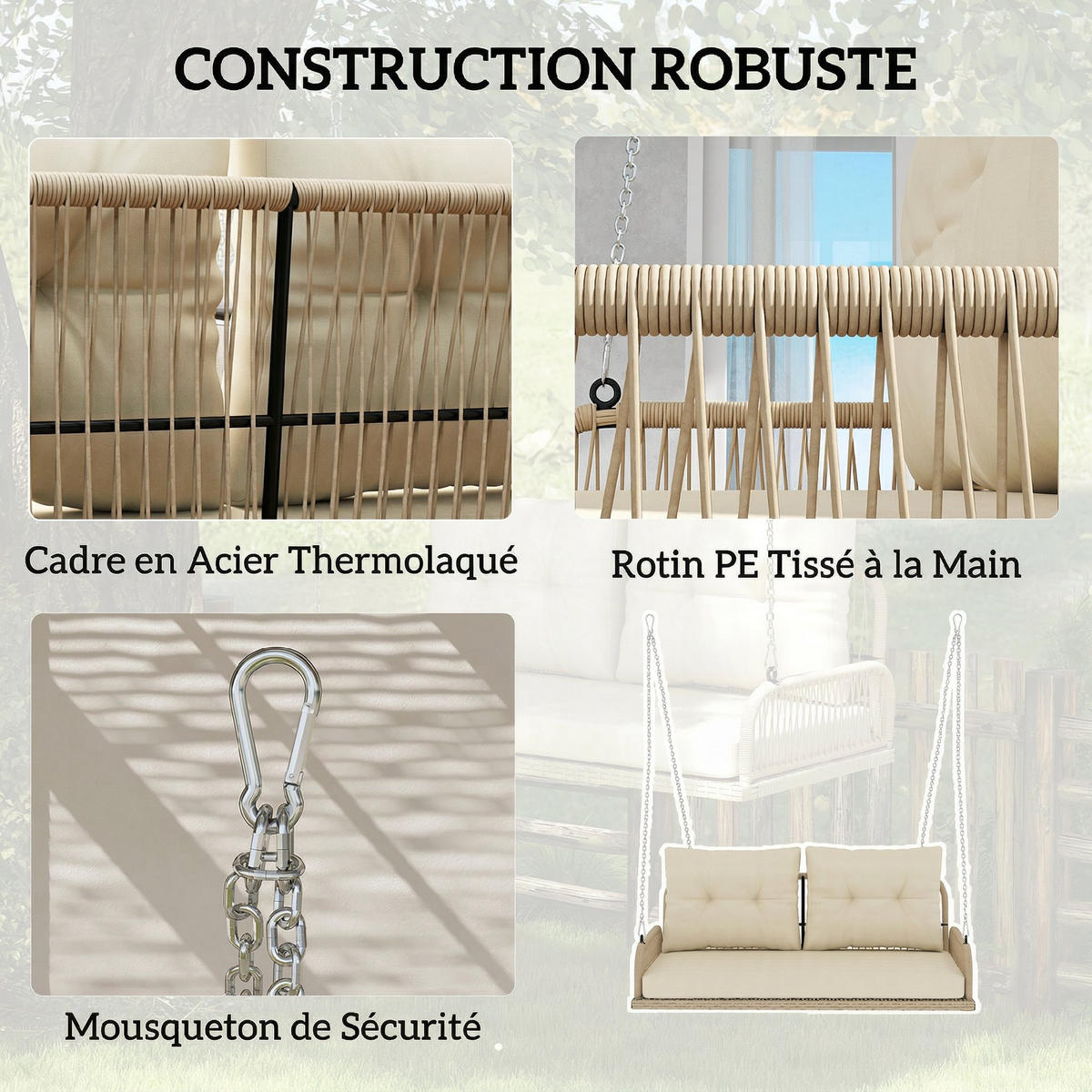 HÄNGEBANK DE-13715 2‑Sitzer mit Polsterkissen Beige - Beige, Metall (66/44/115cm) - ComfortXL