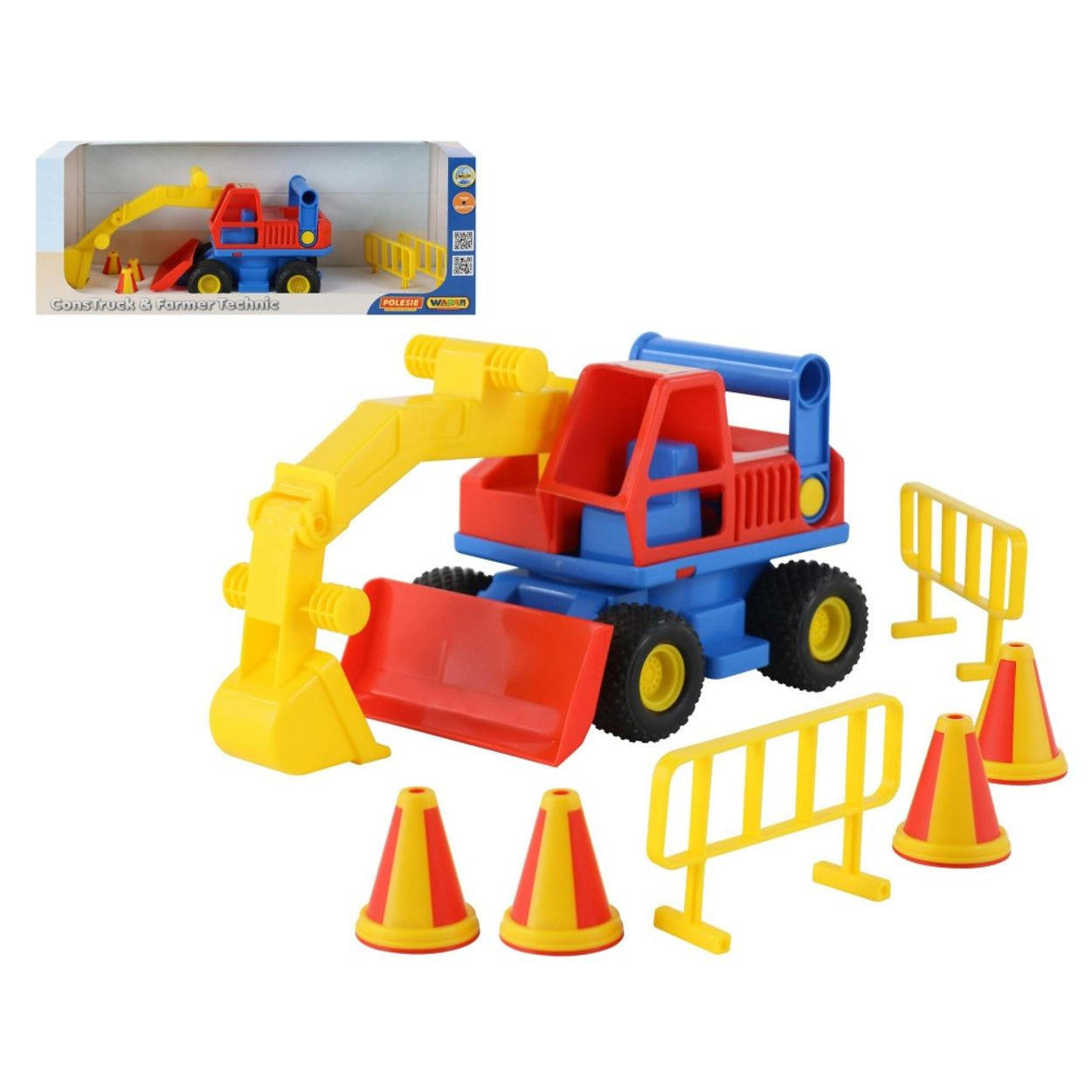 SPIELZEUGAUTO Spielzeug-Bagger 37701 blau Pylonen, Baustellenabsperrung, bewegliche Schaufel, ab 12 Monaten - Blau, Kunststoff (16/20/30cm) - Polesie